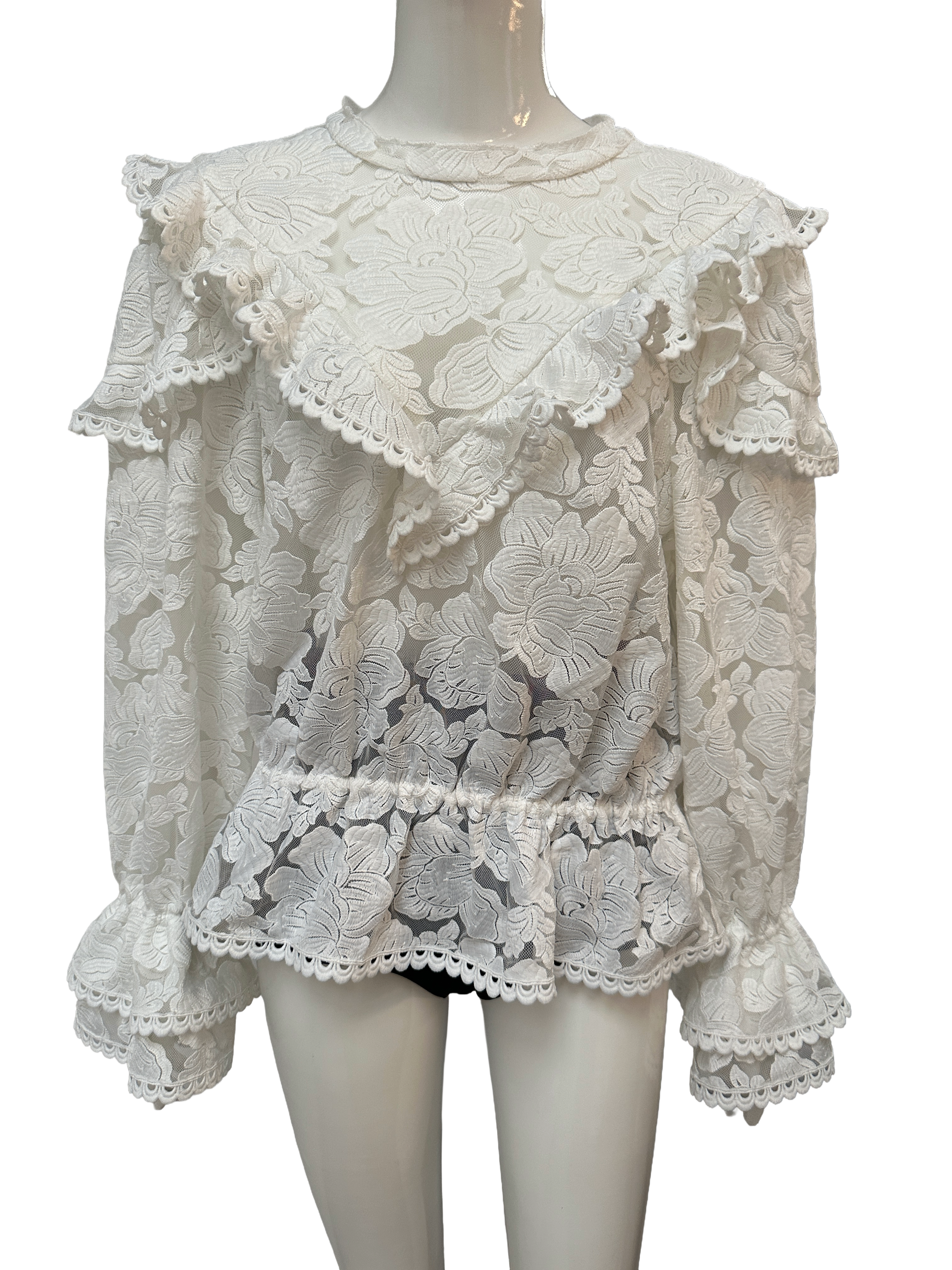 Reformation lace embroidered peplum blouse white - size 38