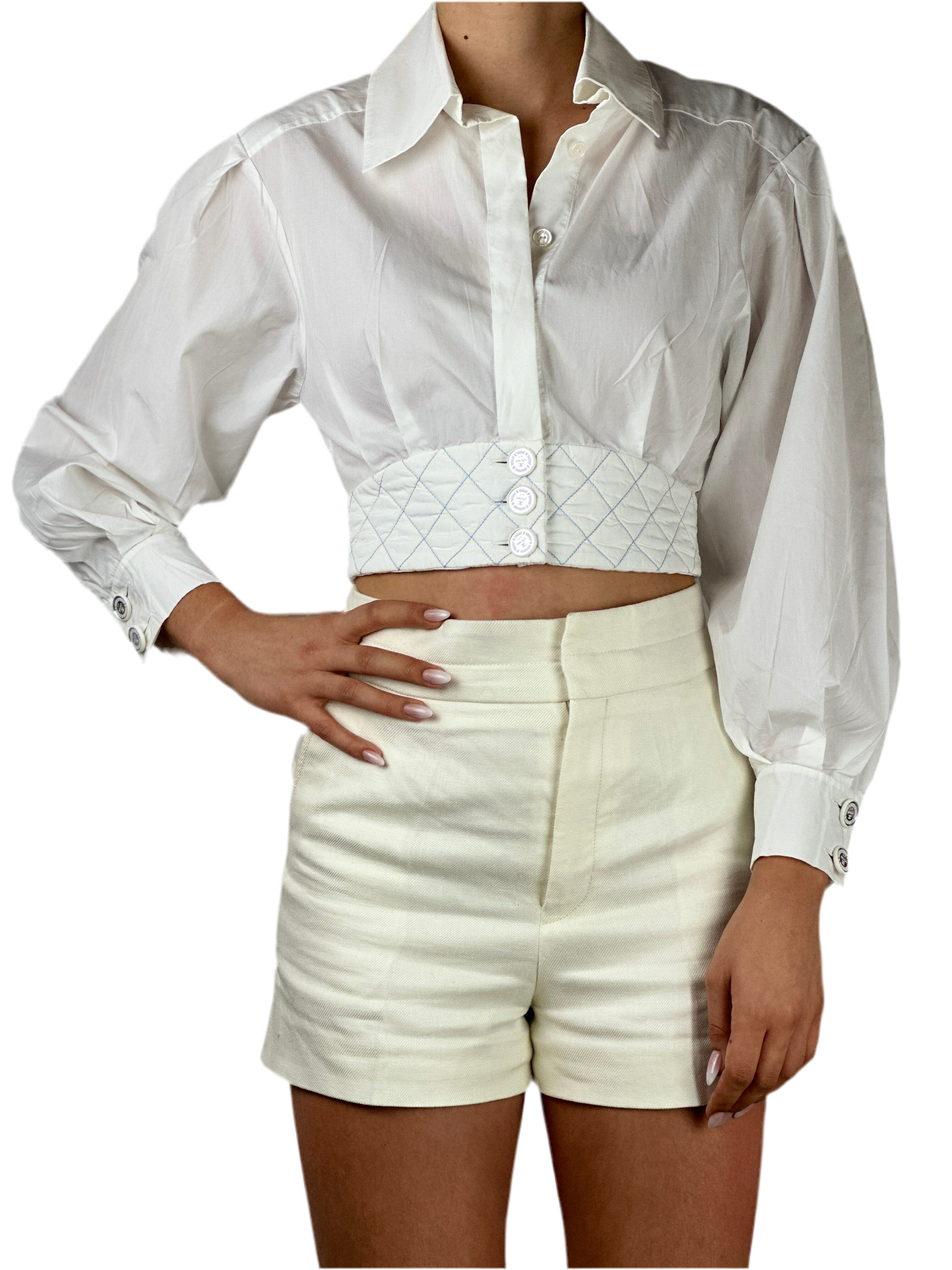 Chanel white blouse, puffed sleeves, belted at waist - size 34