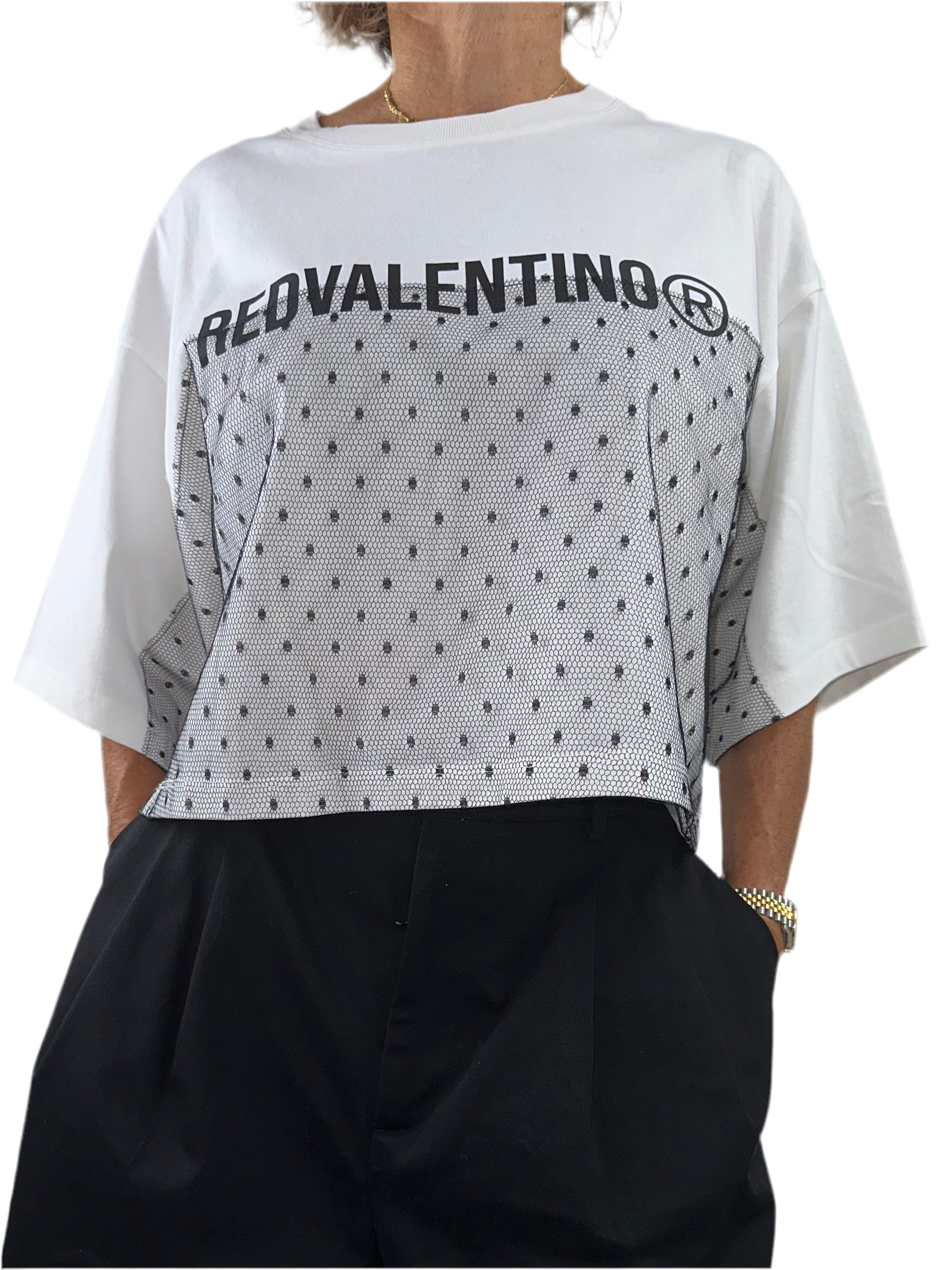 Red Valentino logo T-shirt with Tulle Point d'esprit - size XS