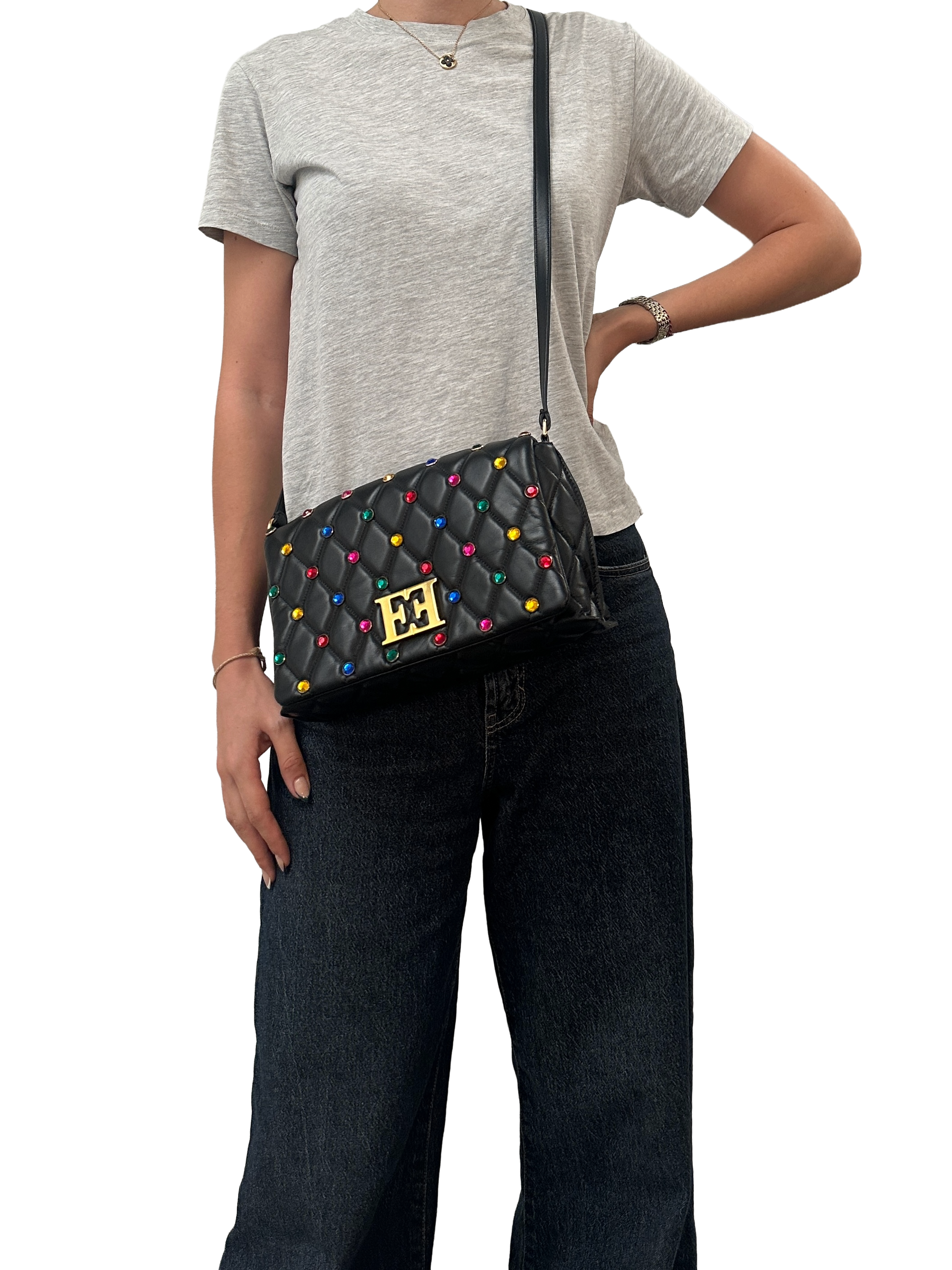 Escada quilted leather bag with multicolor crystals