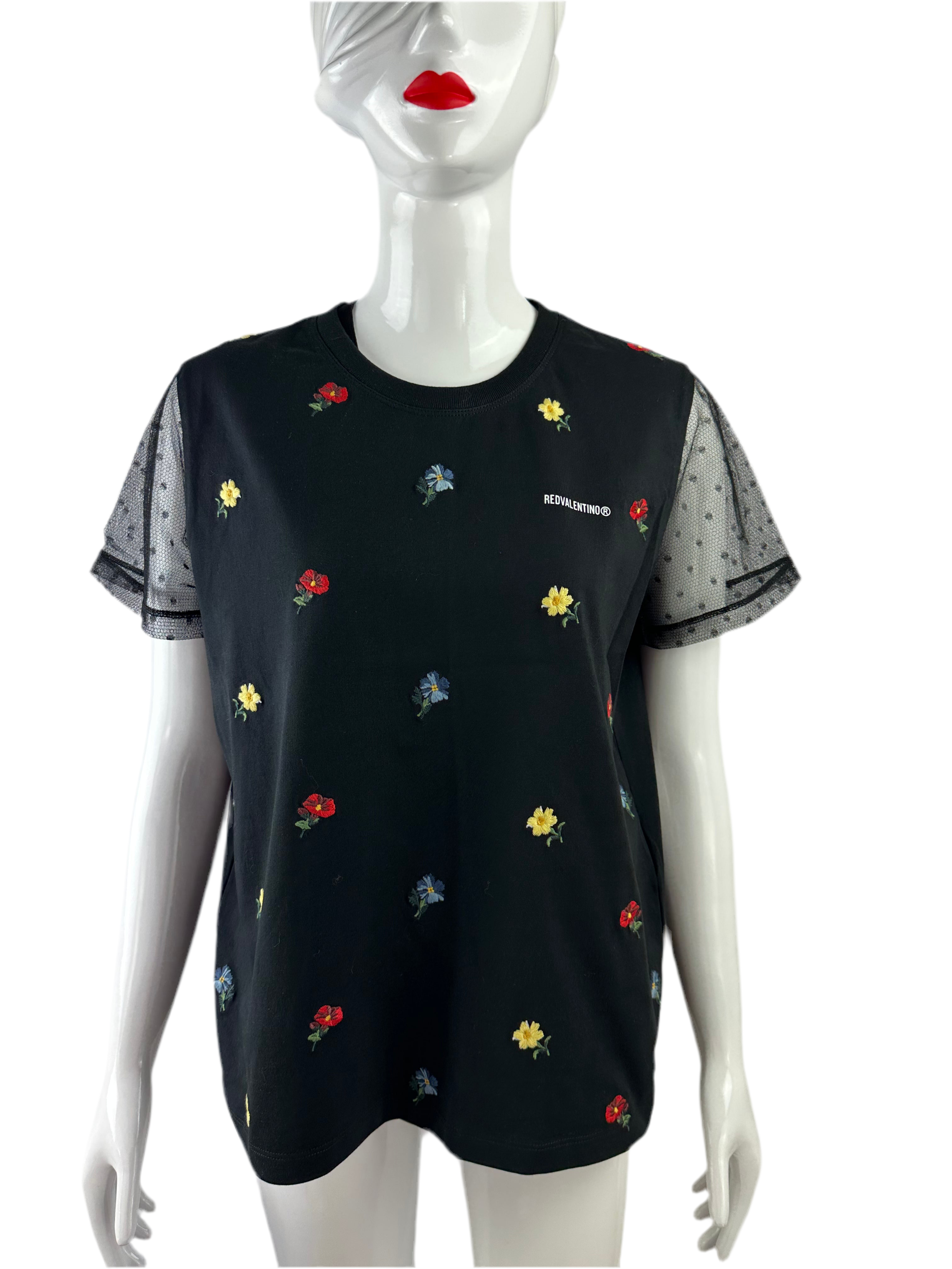 Red Valentino floral embroidered cotton T-shirt black - size L