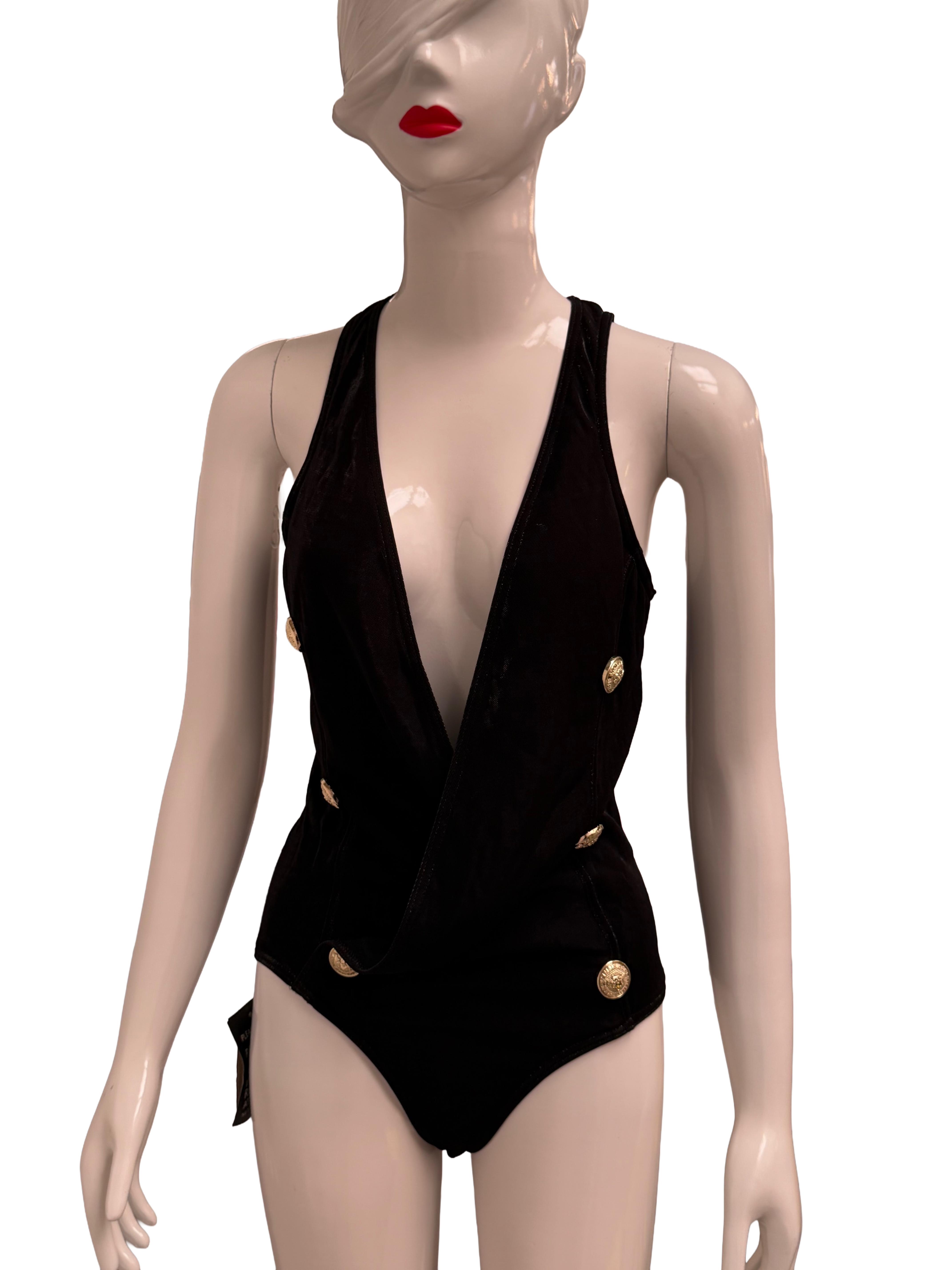 Balmain black draped deep-v bodysuit with gold medallion buttons - size IT40