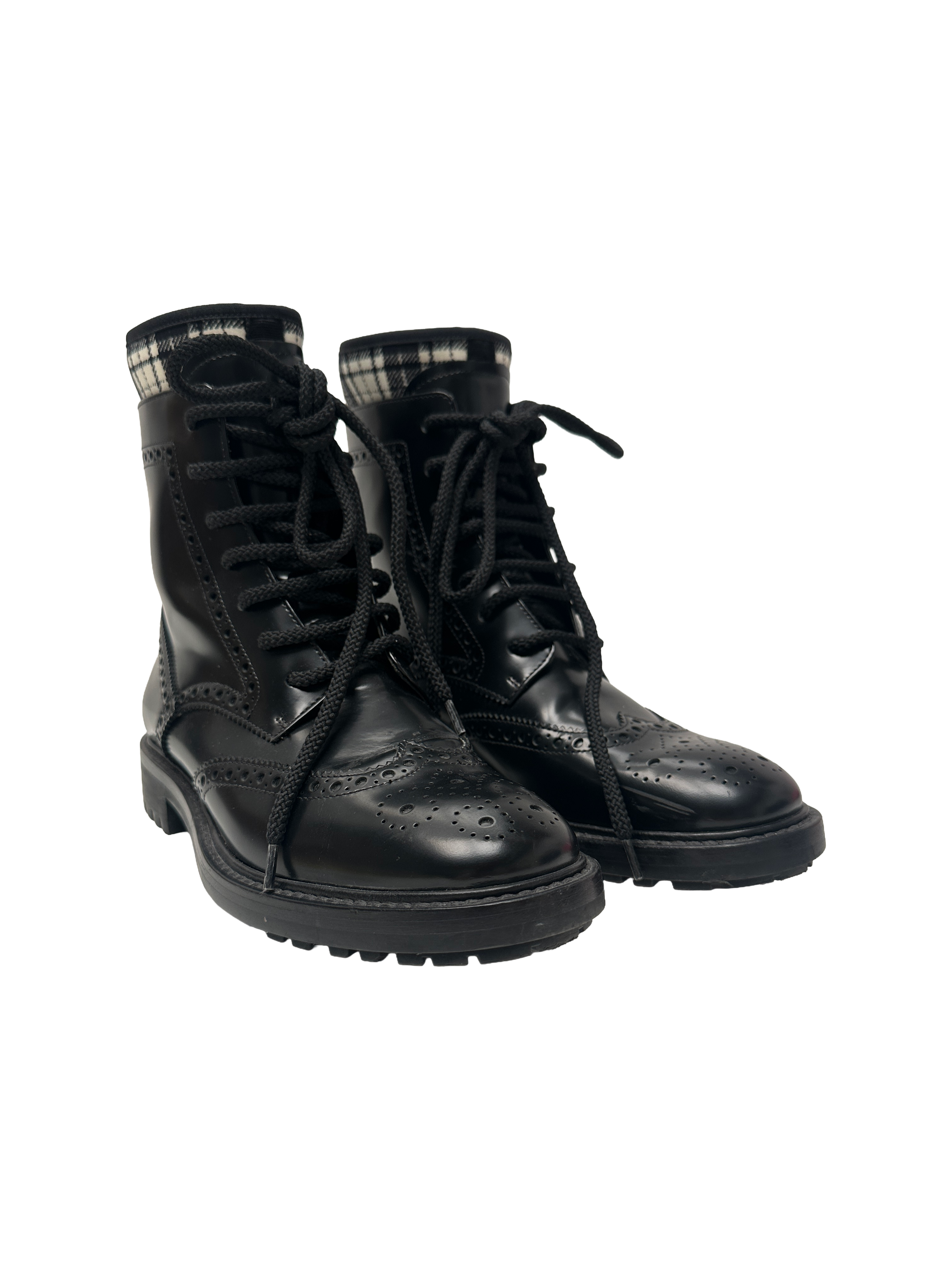 Dior black brogue combat boots with tartan ankle detail - size 36