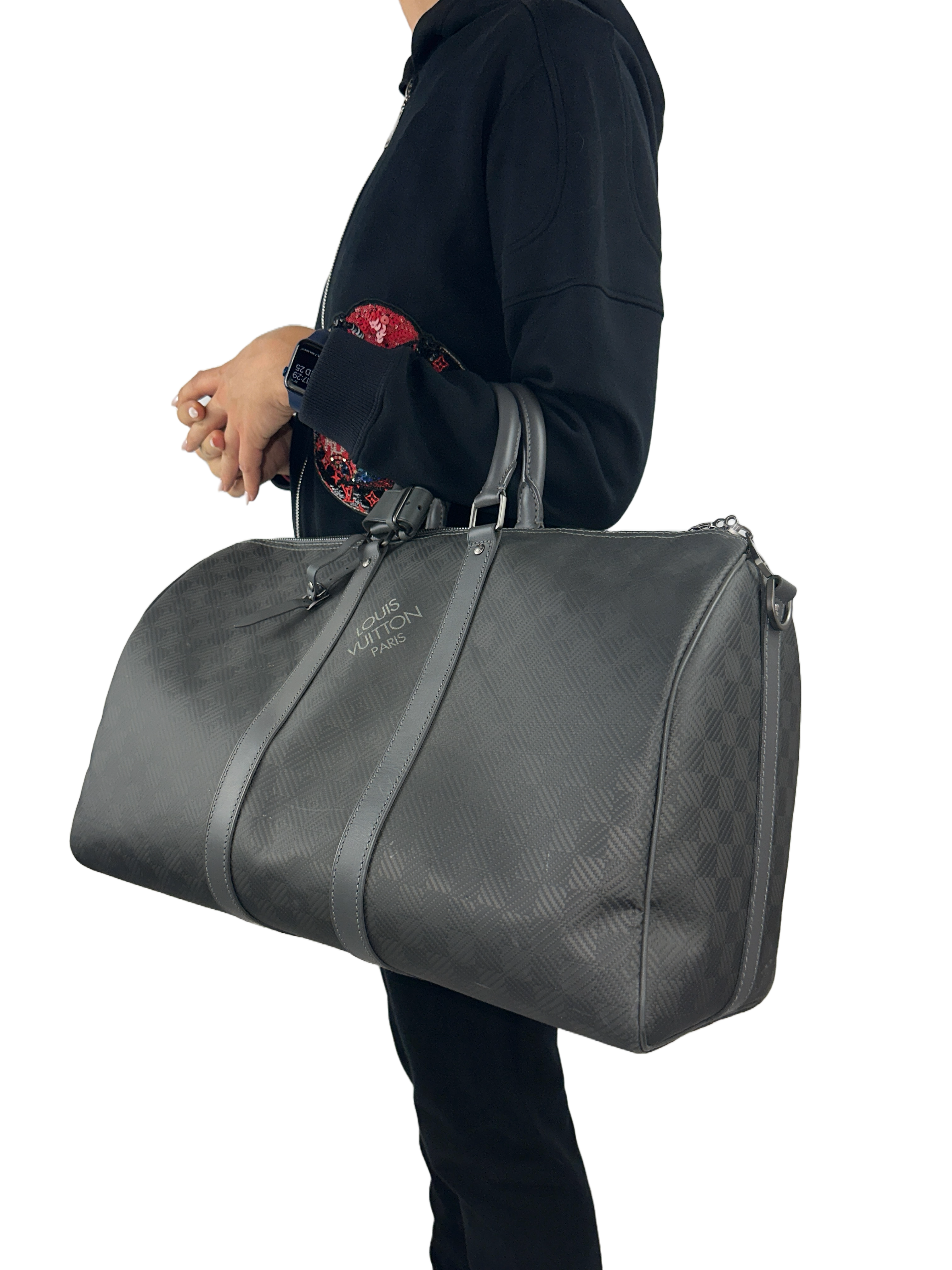 Louis Vuitton Keepall 45 in damier carbone with leather trim