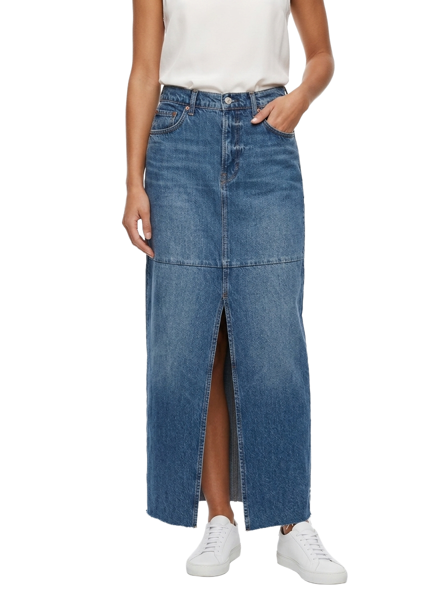 Reformation blue denim midi skirt with front split - size 28