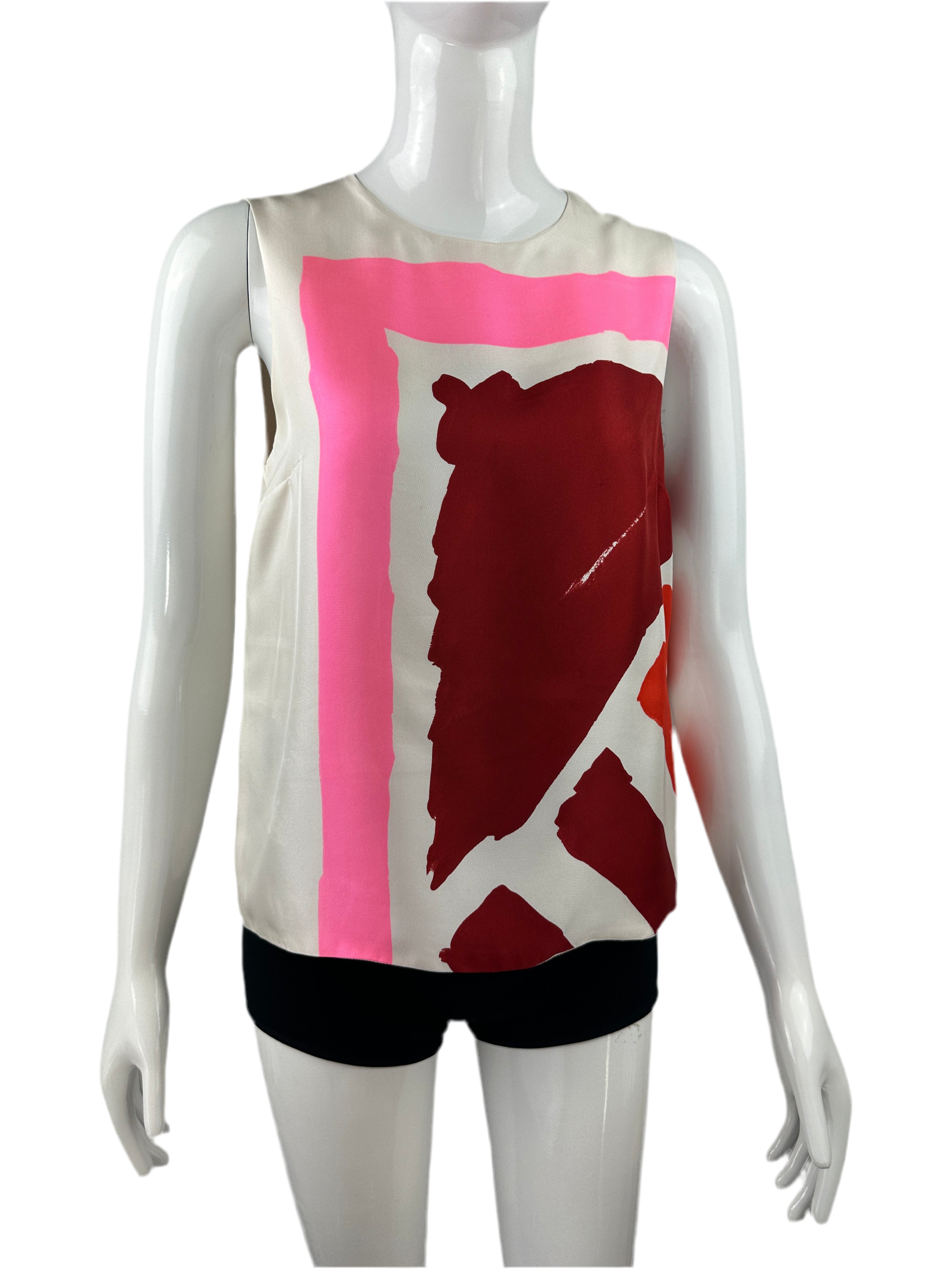 Dior sleeveless white top with orange, red and pink shapes - size 36