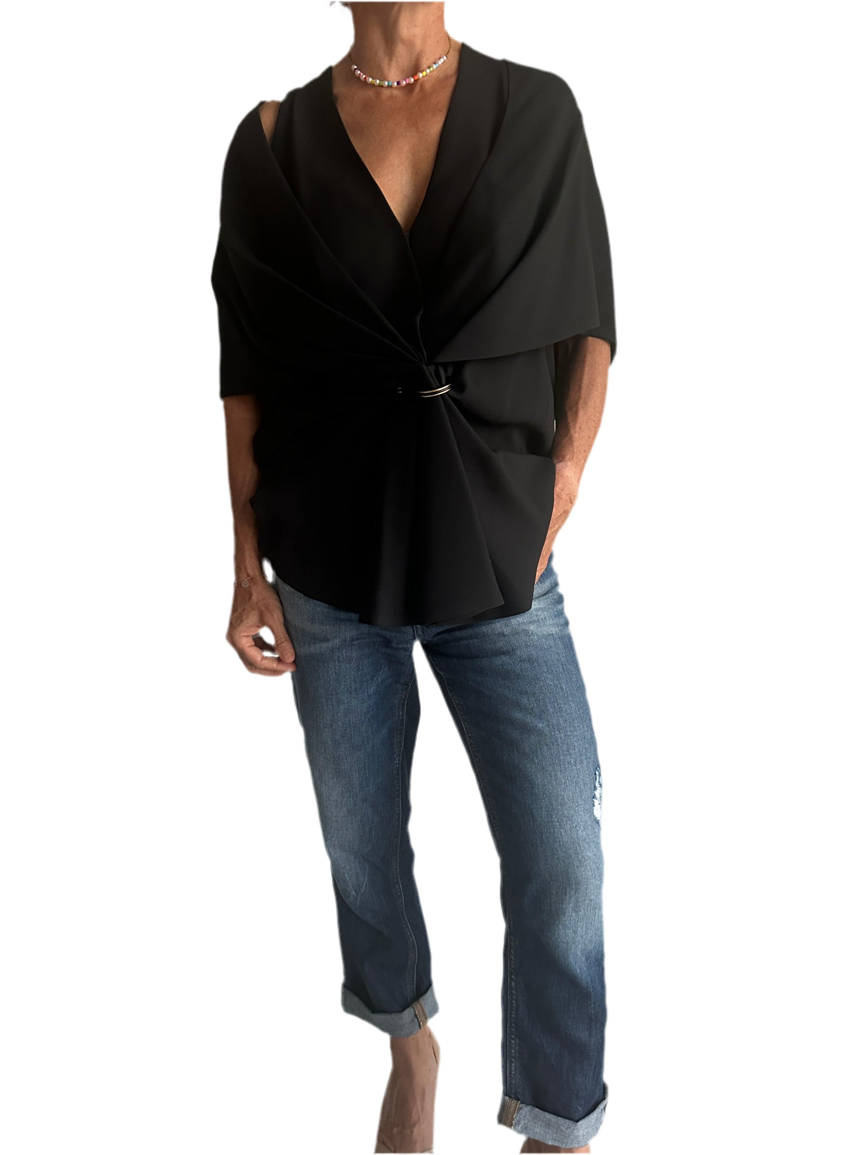 Balenciaga black draped top with gold detail - size 38