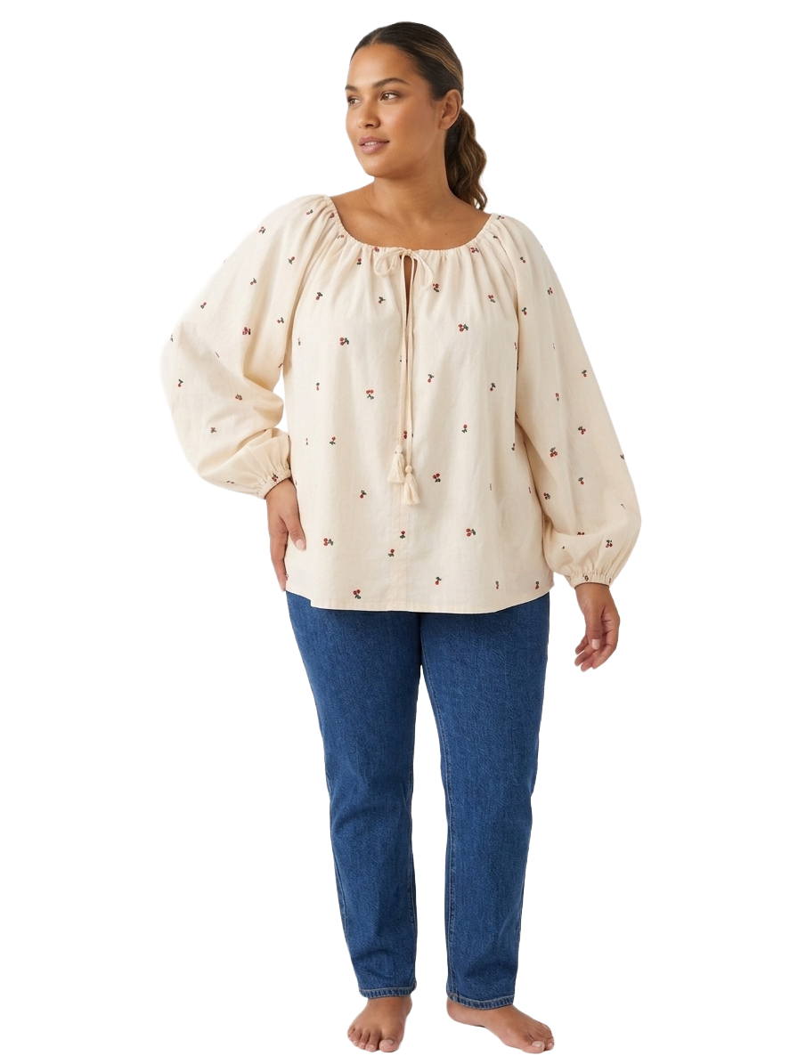 Le Petit Trou cherry embroidered cotton puff sleeve blouse - size TU