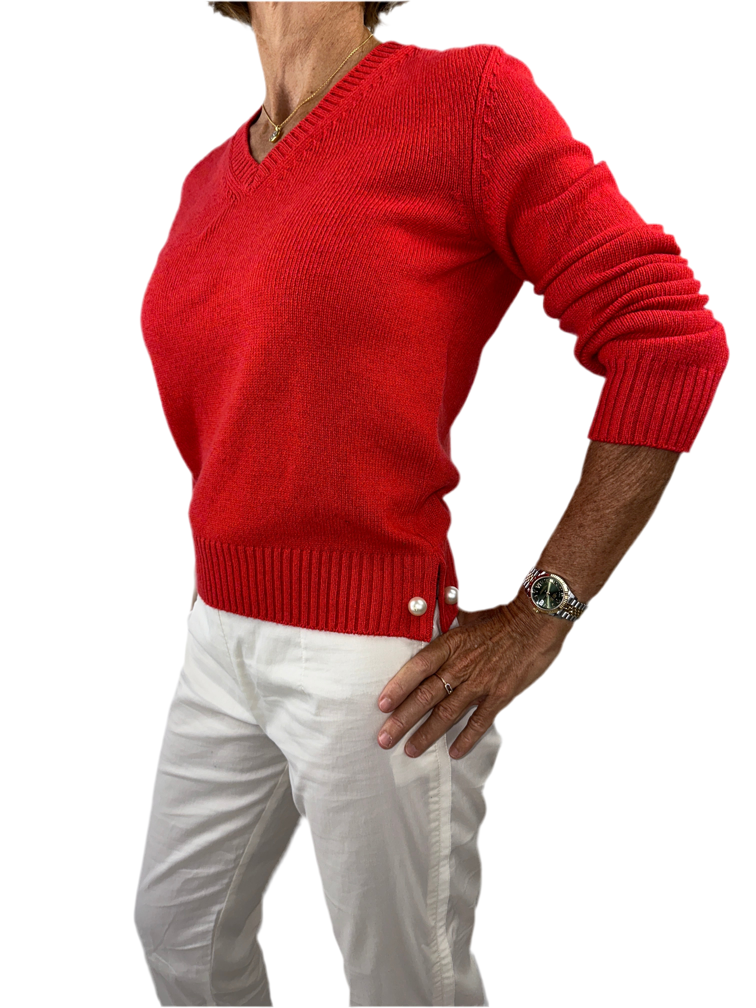 Chanel thick red V-neck sweater with pearly baubles at bottom - size 36