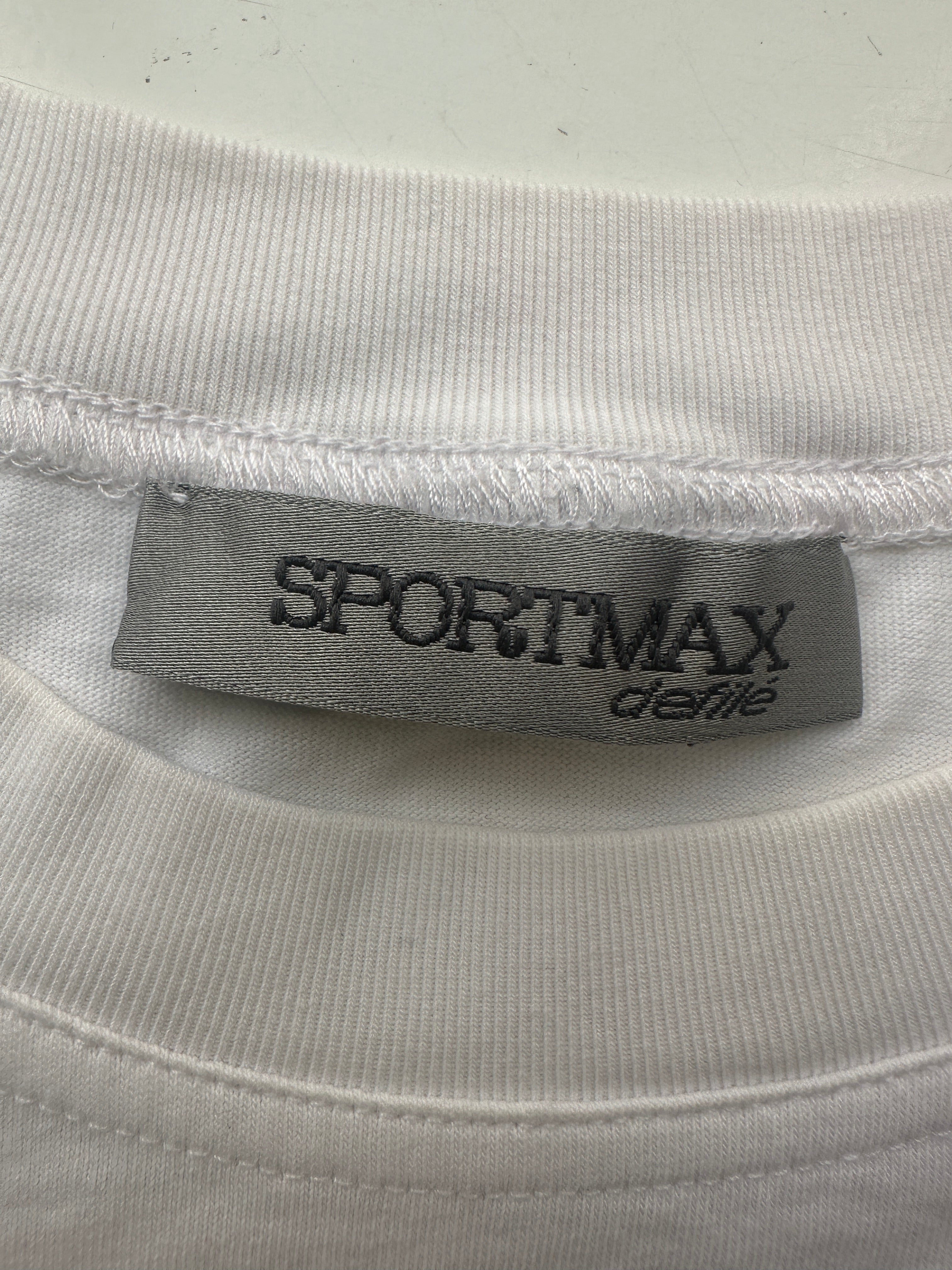 SportMax white T-shirt with blue and yellow stripes on sleeves - size 36