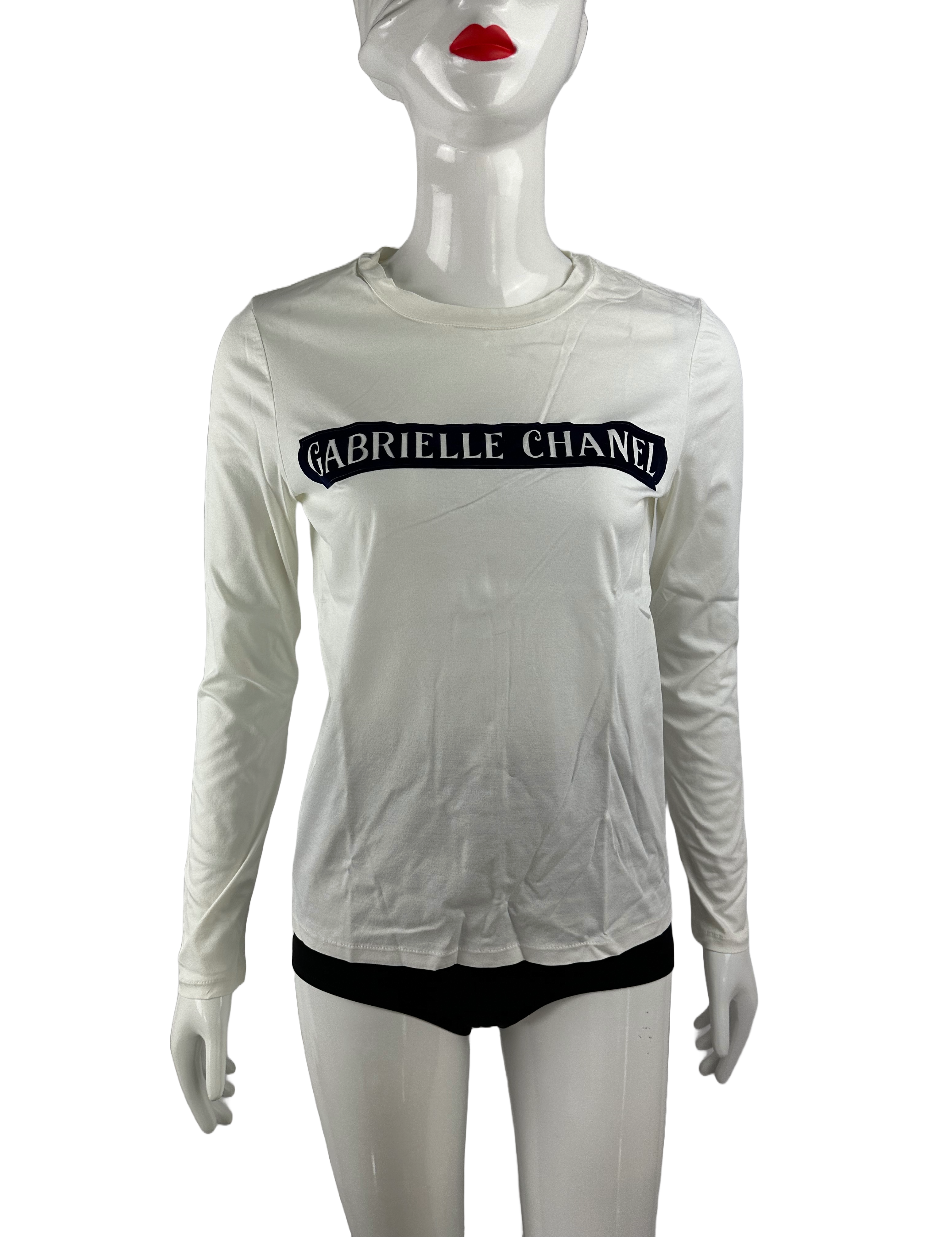 Chanel white top with "Gabrielle Chanel" lettering in navy blue - size 34