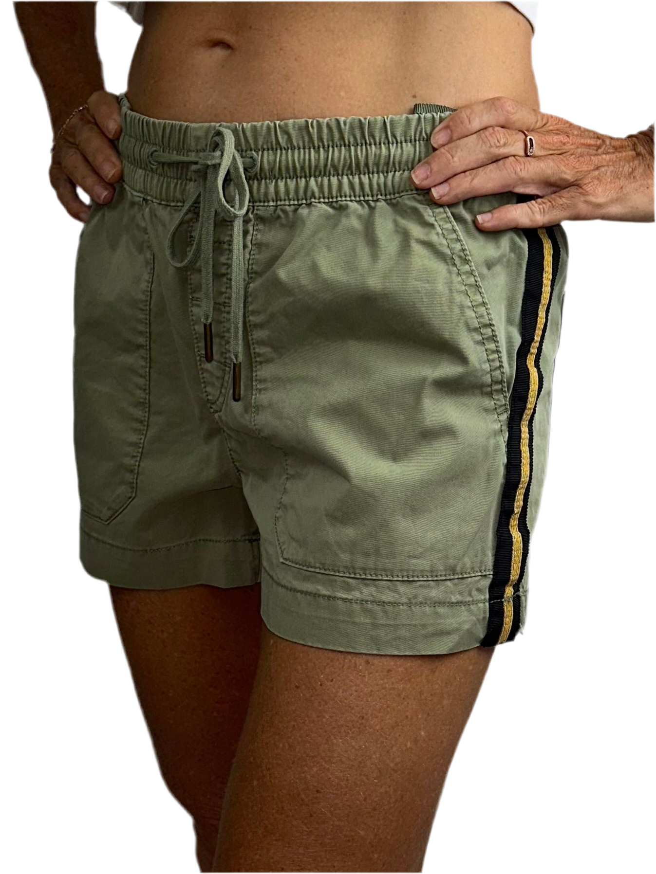 Zadig & Voltaire khaki shorts with black and gold line on side - size 34