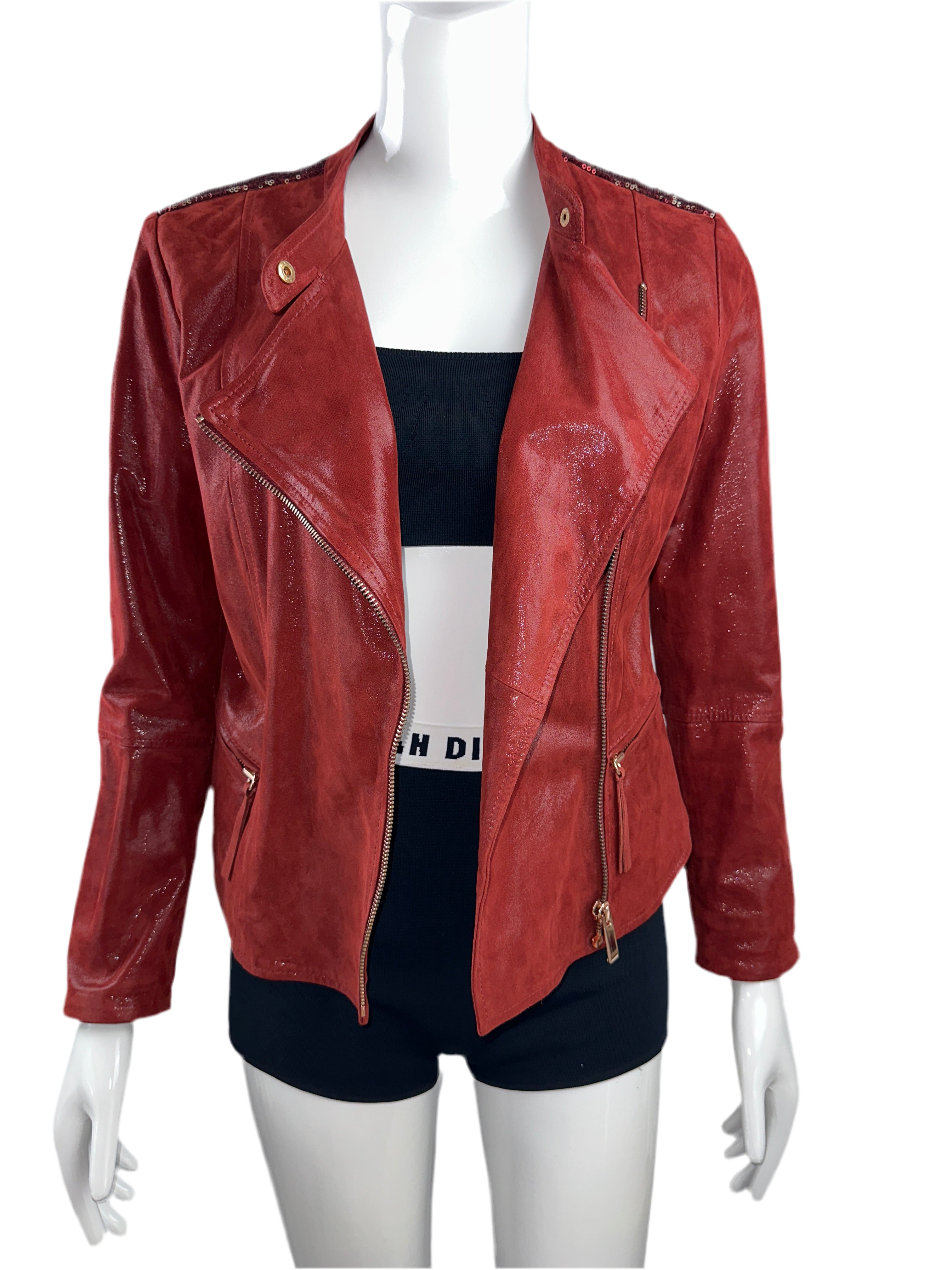 One step shiny red jacket with sequins on shoulders - size 36