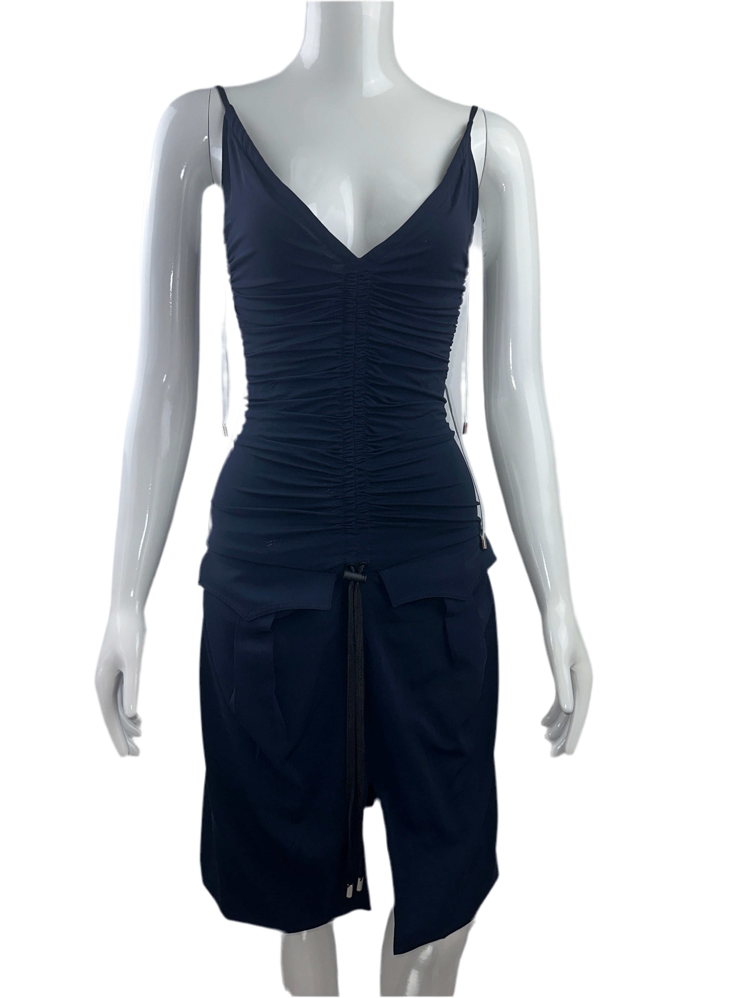 Louis Vuitton navy blue sleeveless V-neck dress with pocket detail and laces - size 34