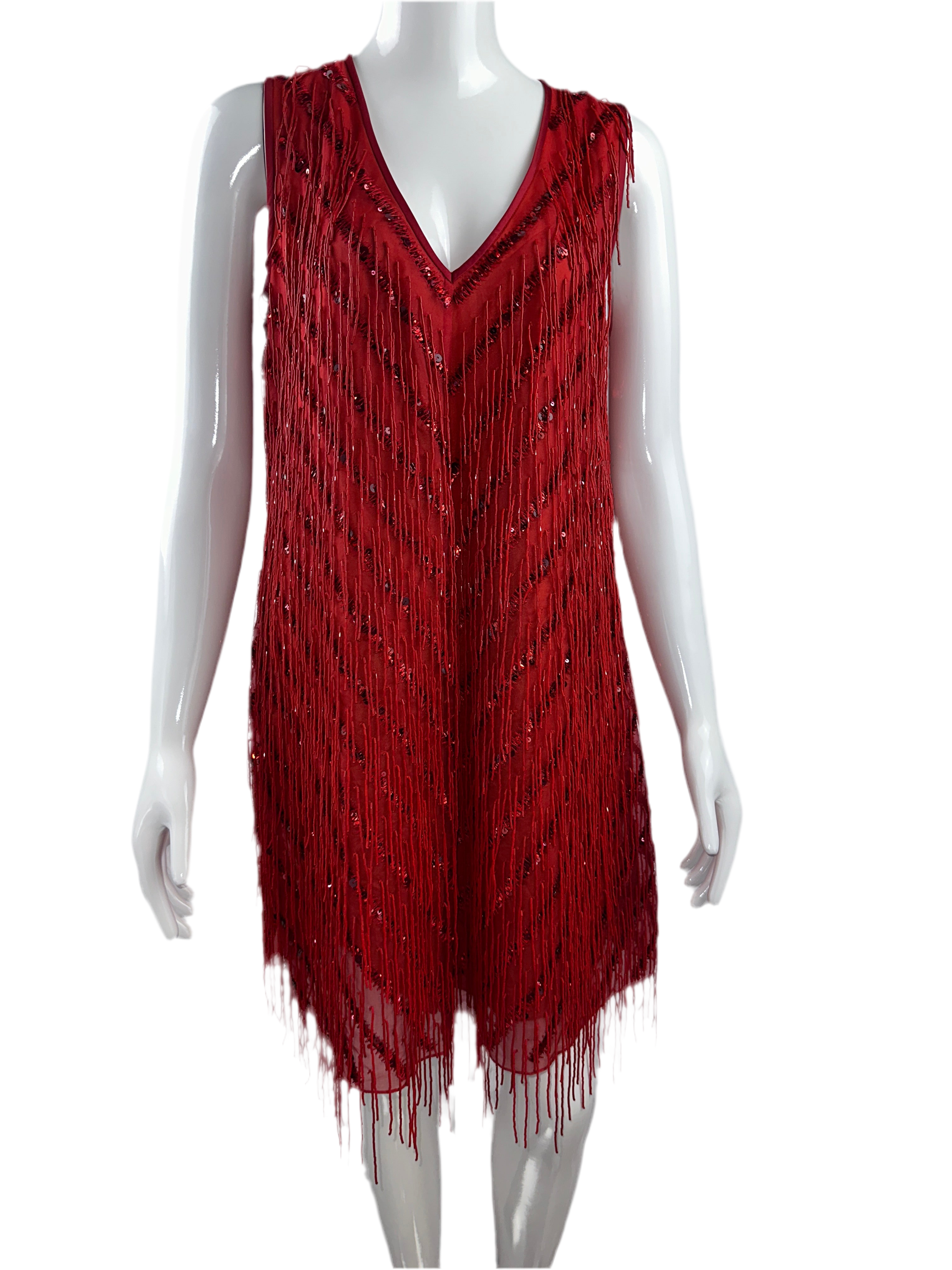 Emporio Armani red sleeveless V-neck dress with pearls and sequins - size 34