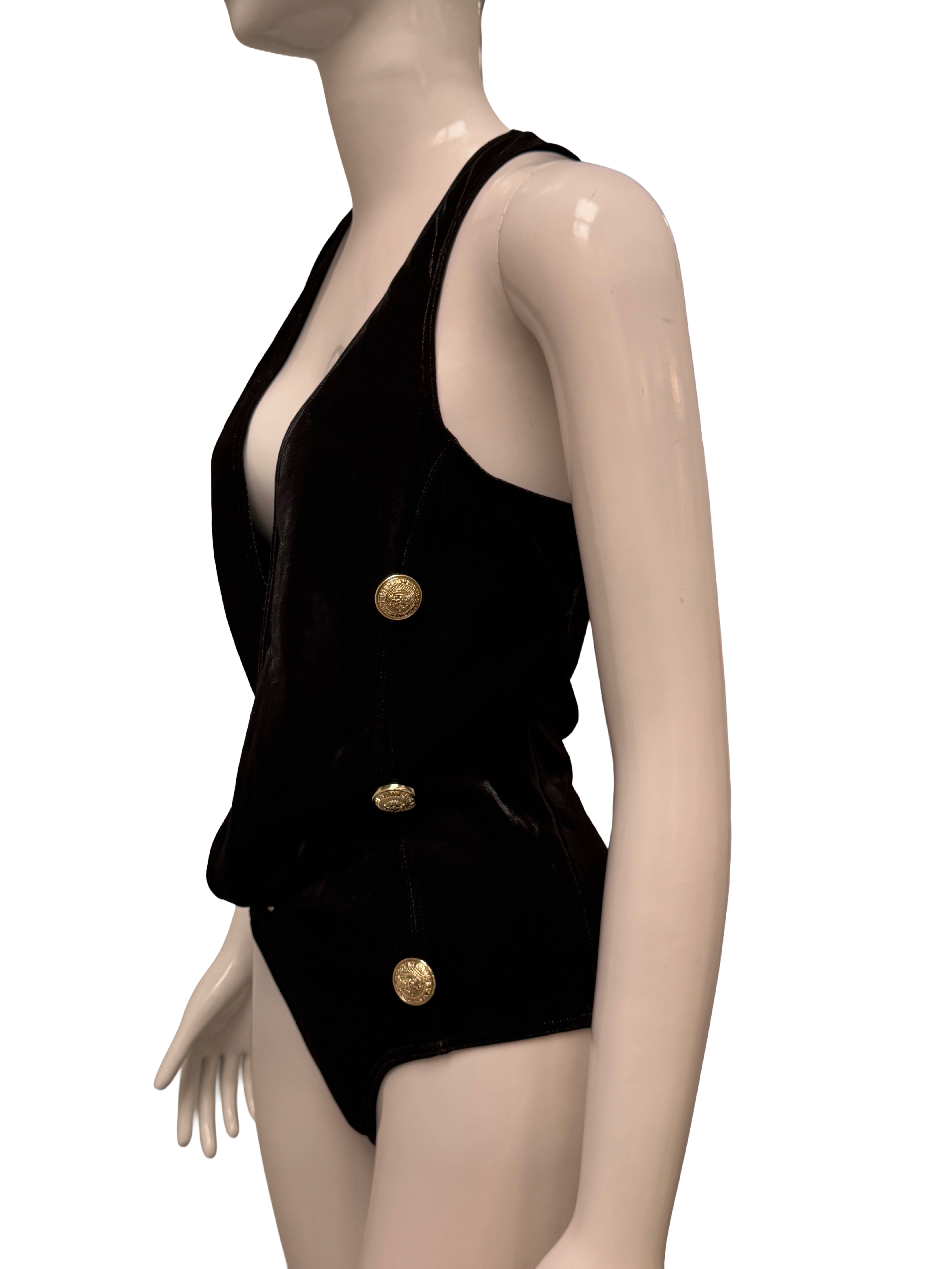 Balmain black draped deep-v bodysuit with gold medallion buttons - size IT40