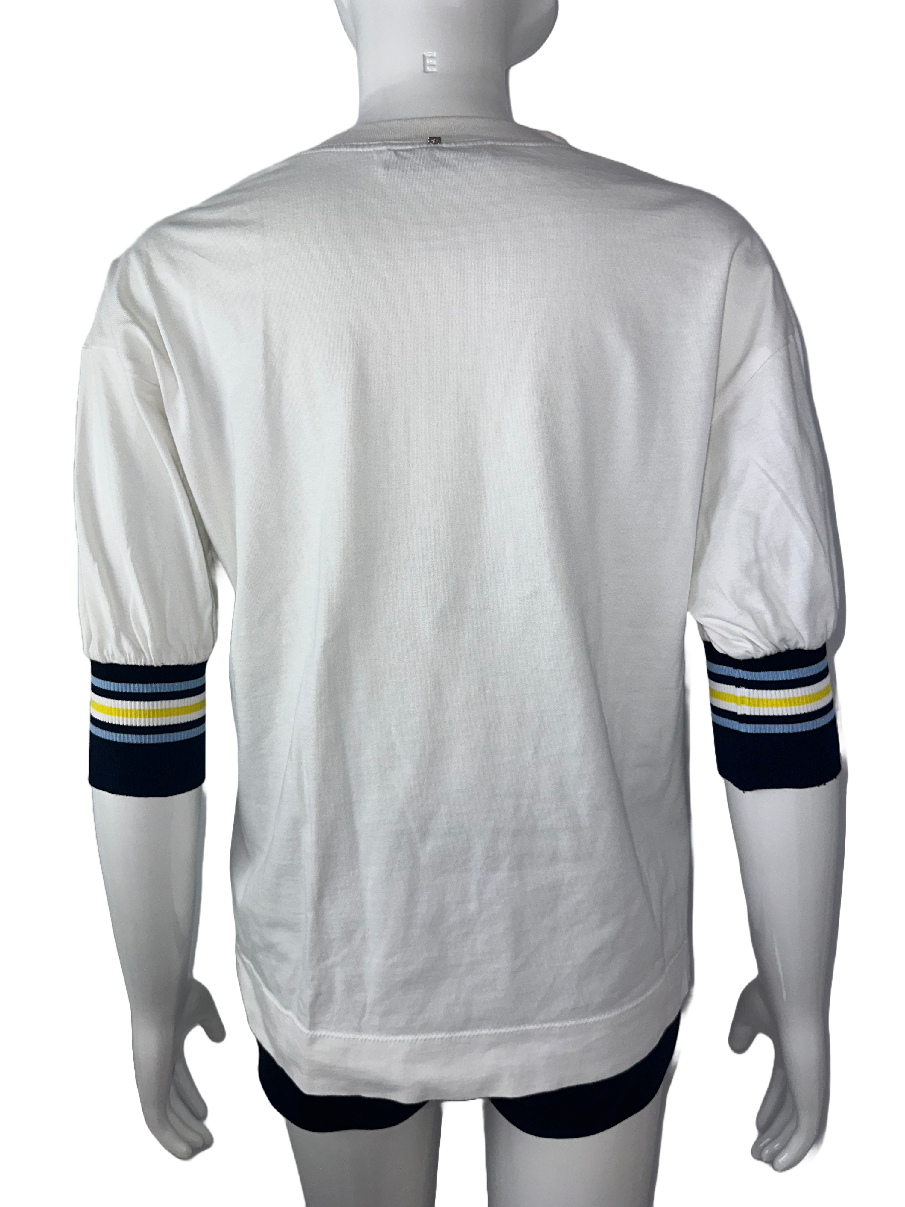 SportMax white T-shirt with blue and yellow stripes on sleeves - size 36