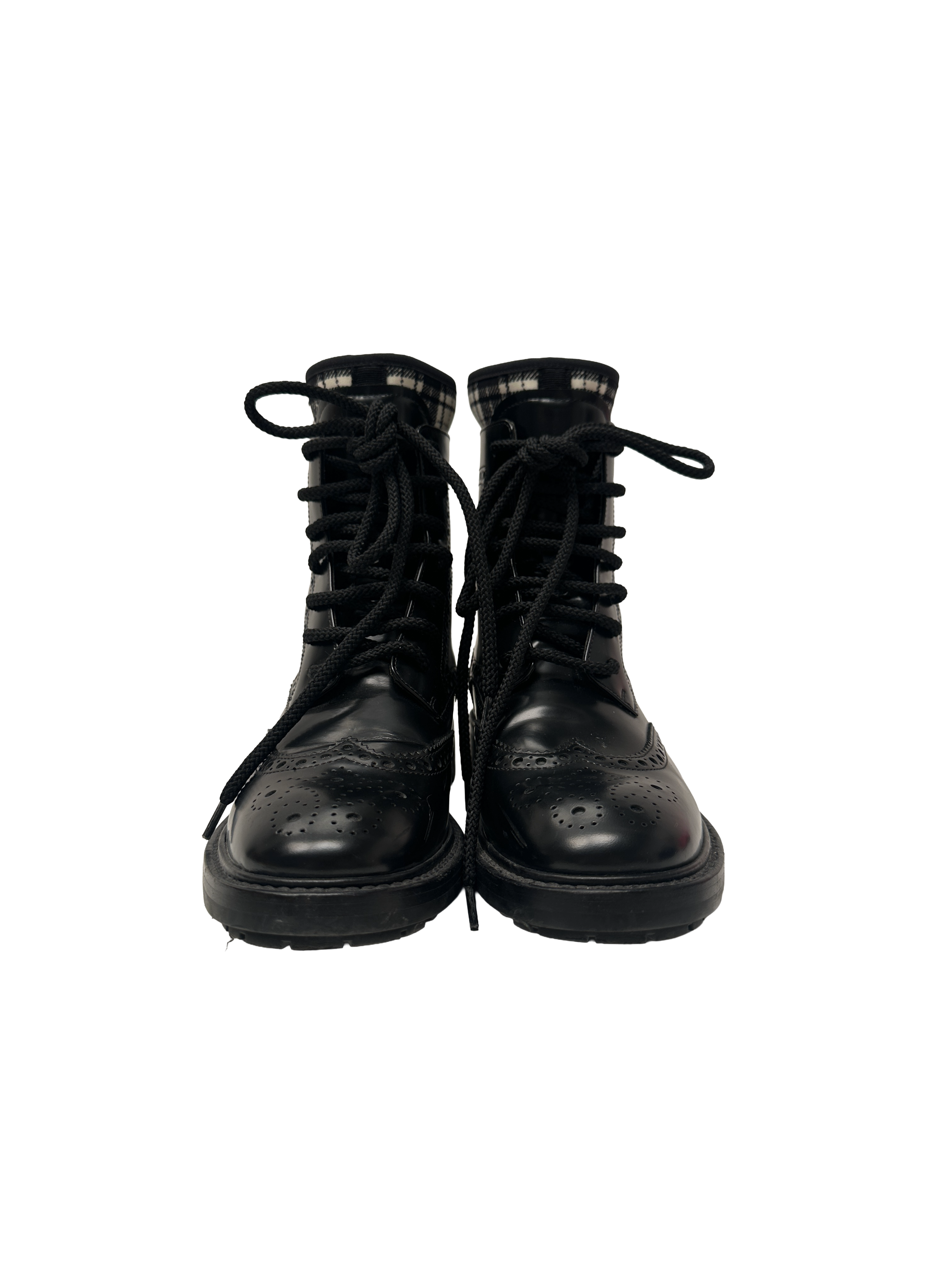 Dior black brogue combat boots with tartan ankle detail - size 36