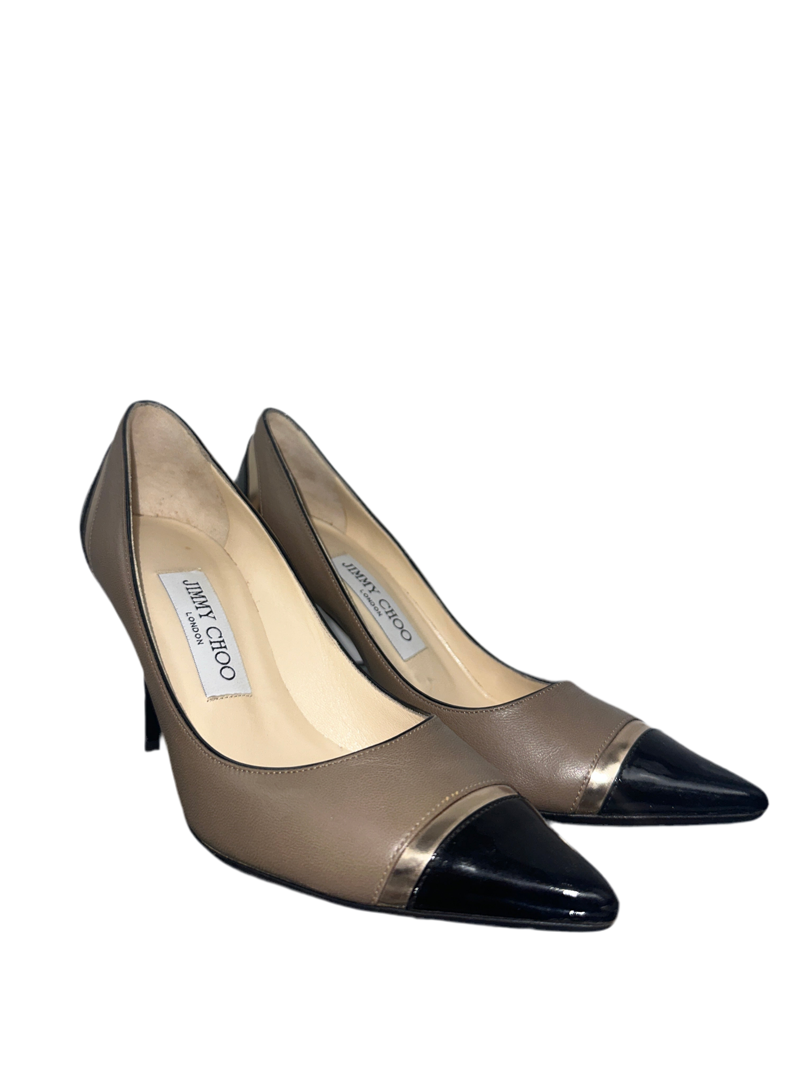 Jimmy Choo taupe leather with patent black leather cap toe pumps - size 36