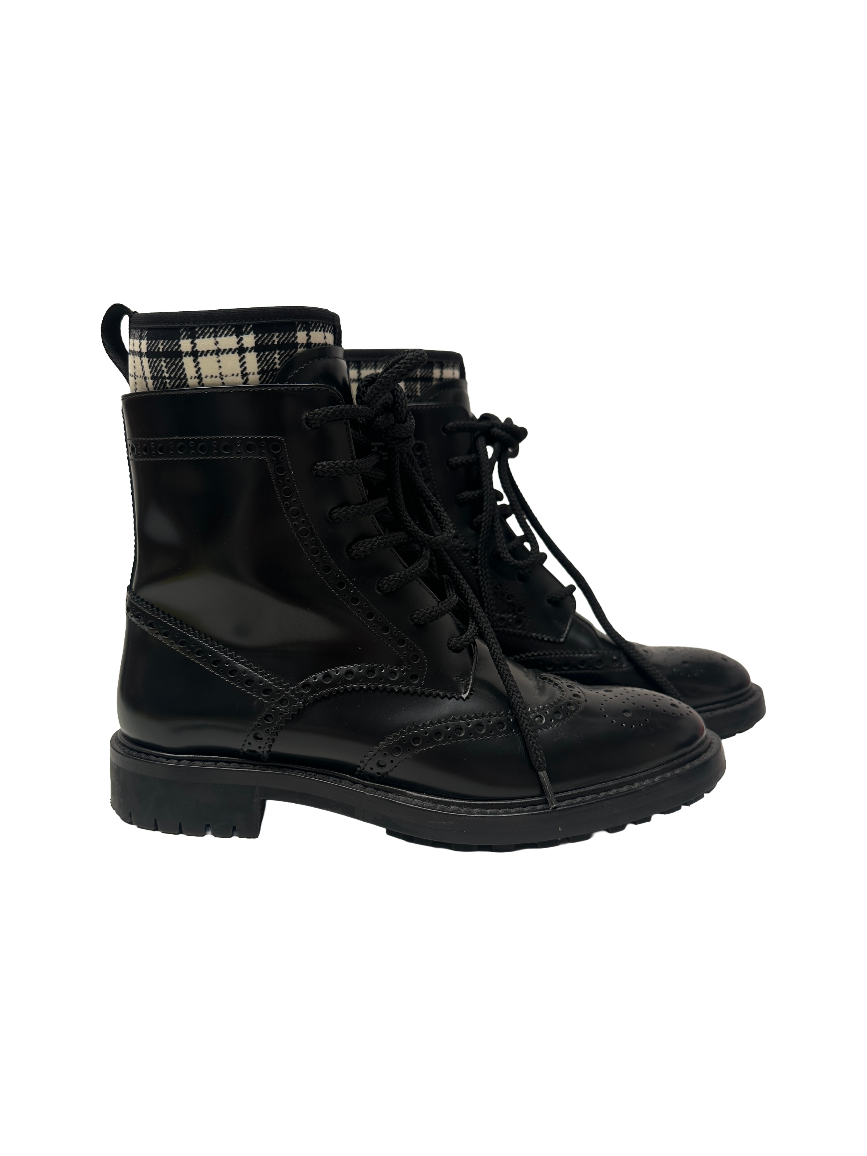 Dior black brogue combat boots with tartan ankle detail - size 36