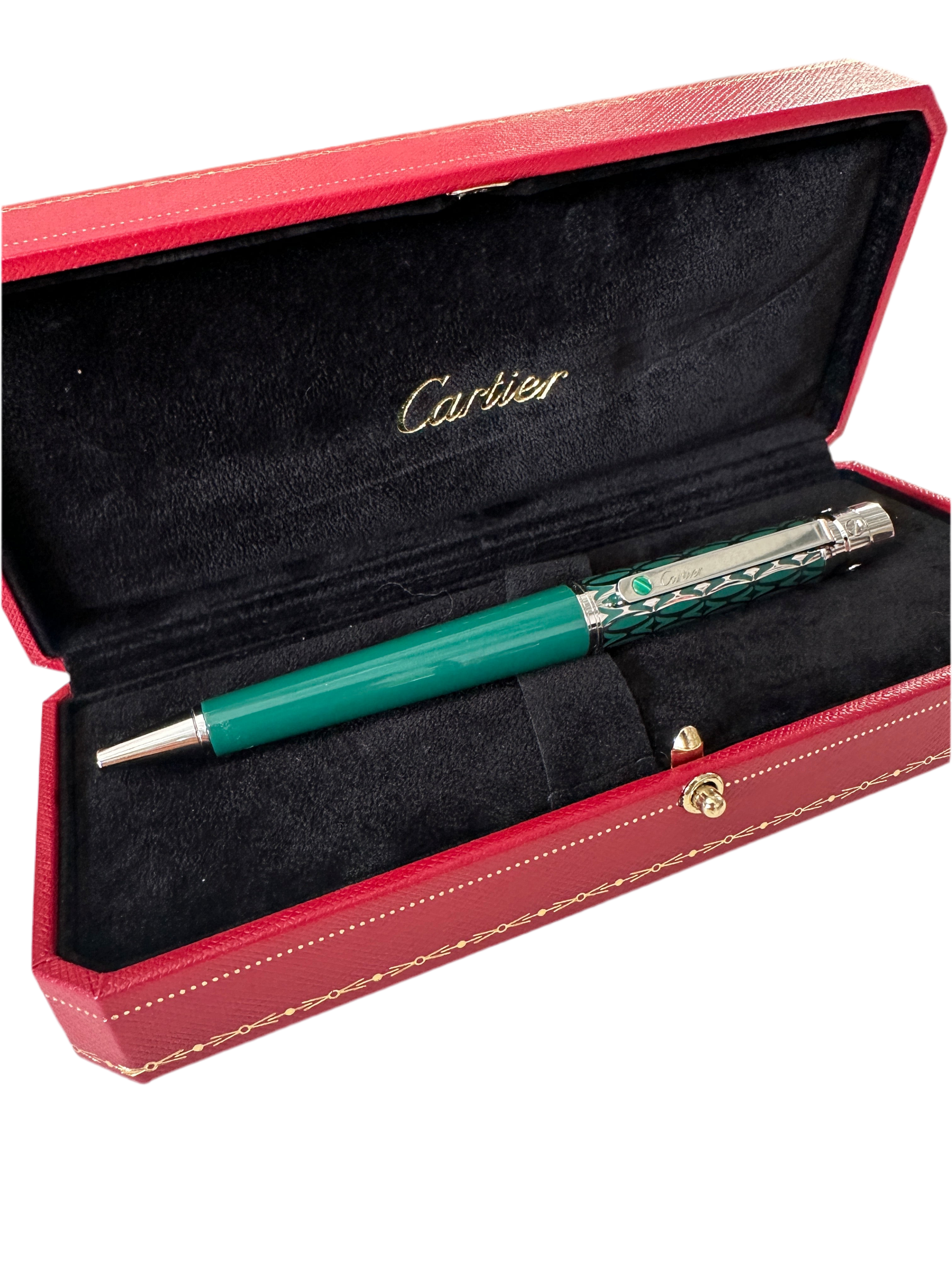 Cartier Santos pen ballpoint green lacquer, palladium finish