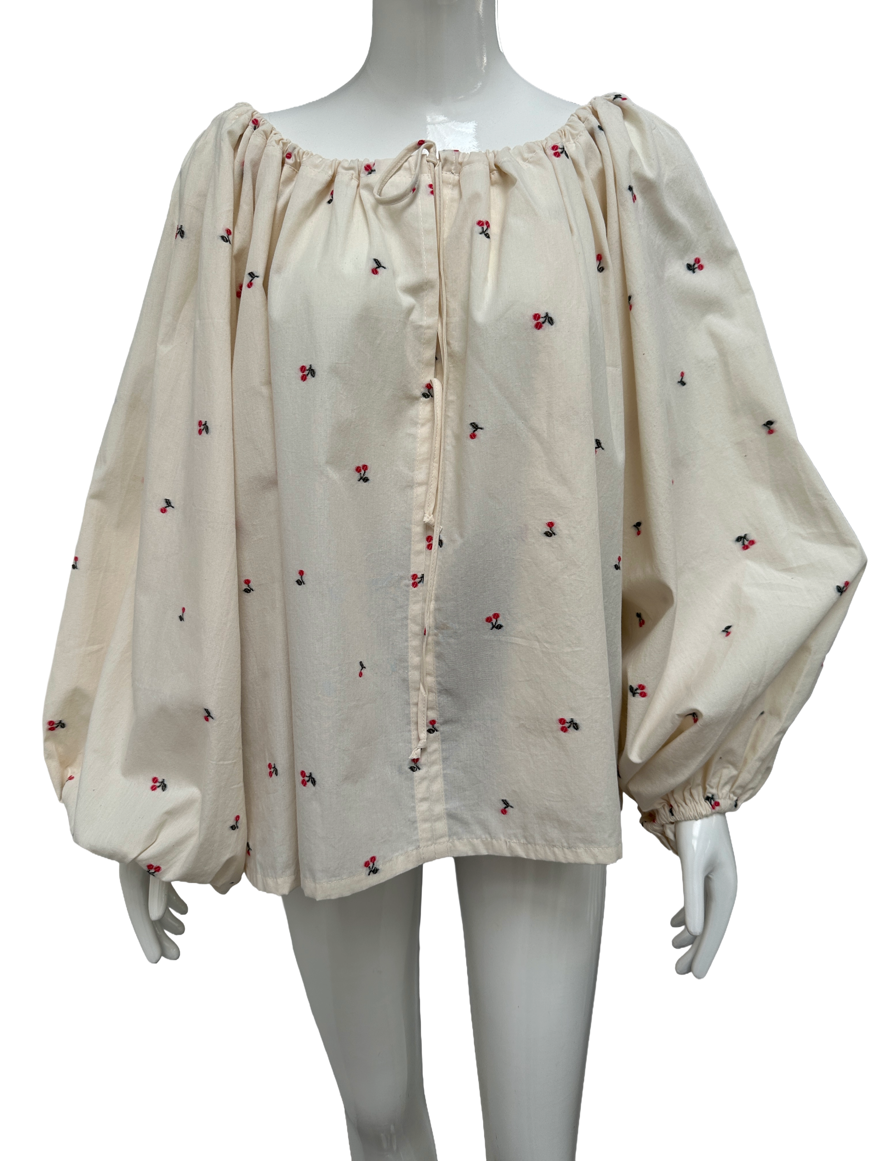 Le Petit Trou cherry embroidered cotton puff sleeve blouse - size TU