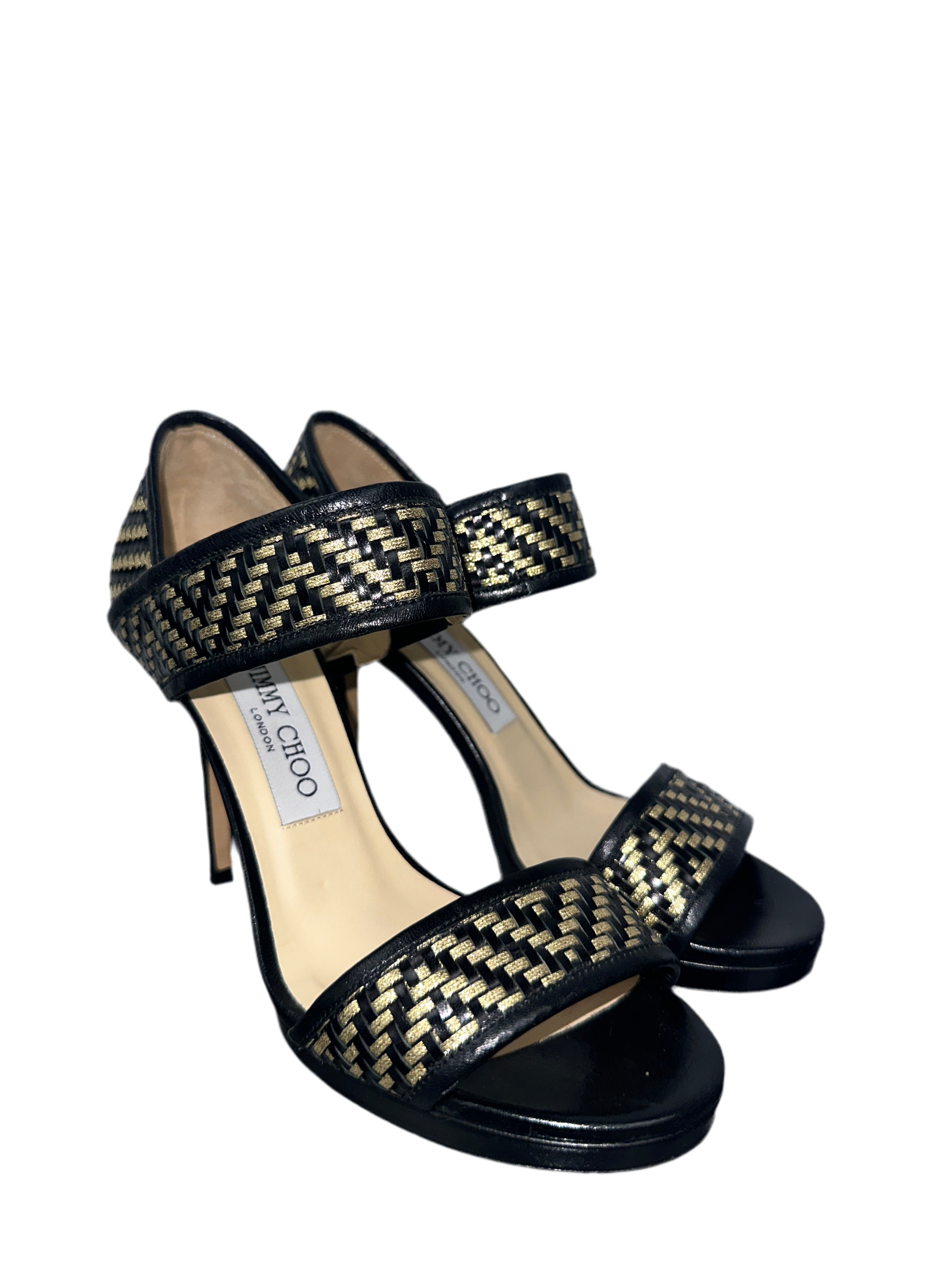 Jimmy Choo Alana metallic woven sandals black & gold - size 36