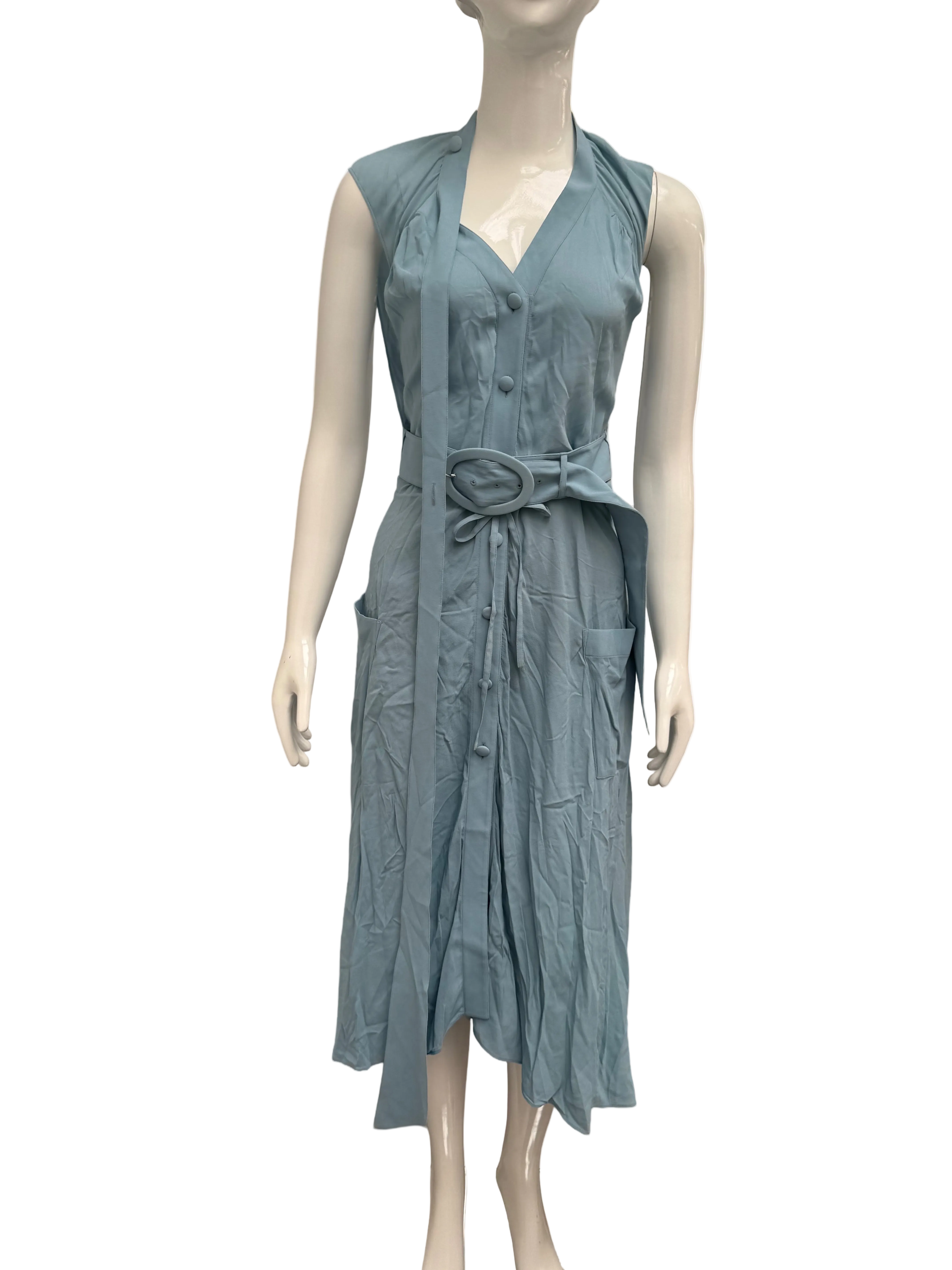 Balenciaga draped sleeveless belted dress in light blue - size 36