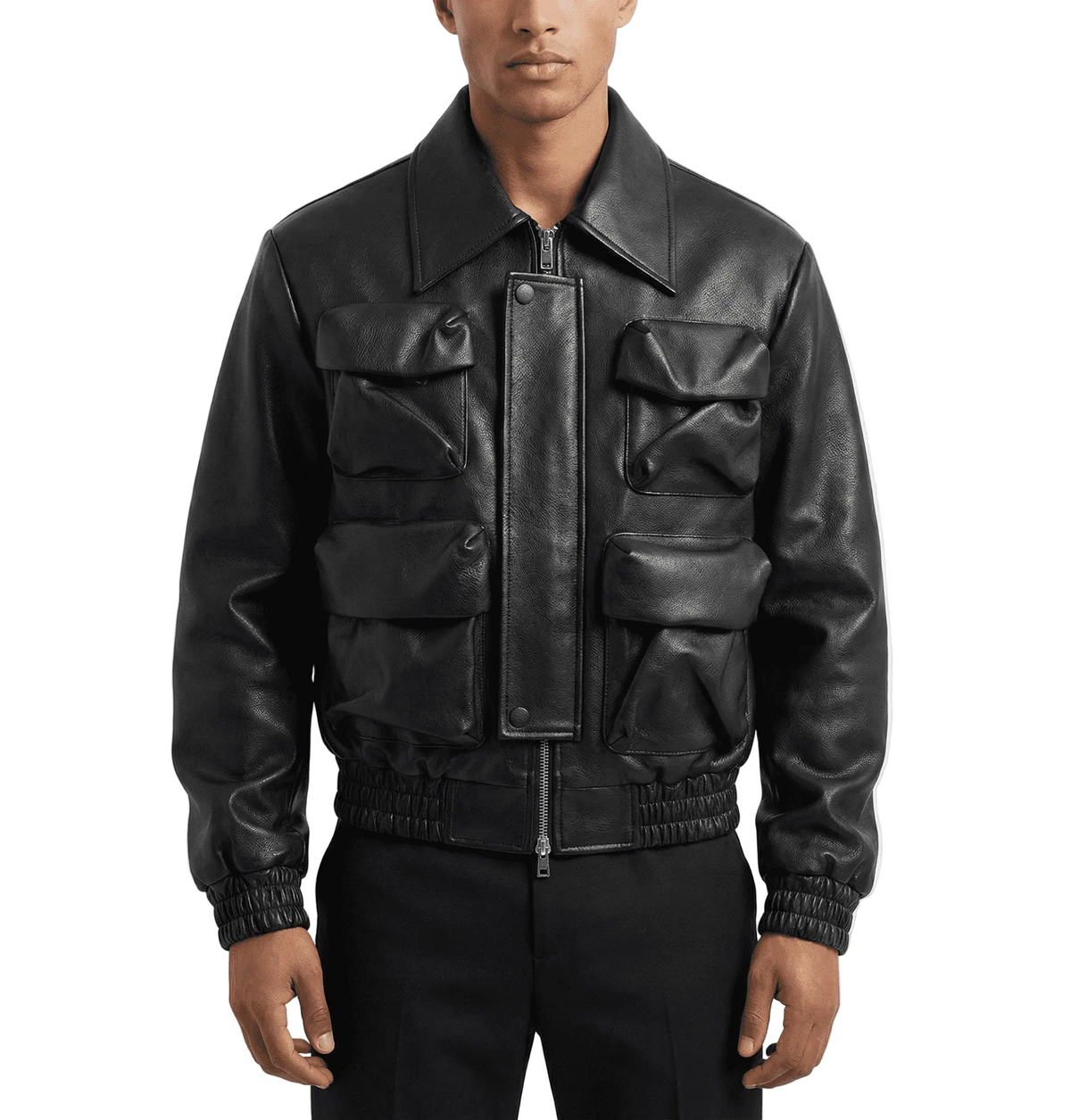 Black Utility Pocket Leather Bomber Jacket - size M