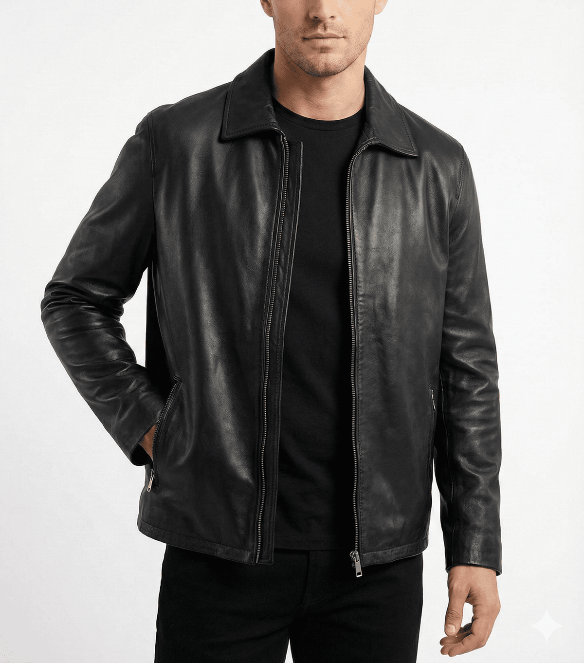 Black Classic Zip-Front Leather Jacket - size M