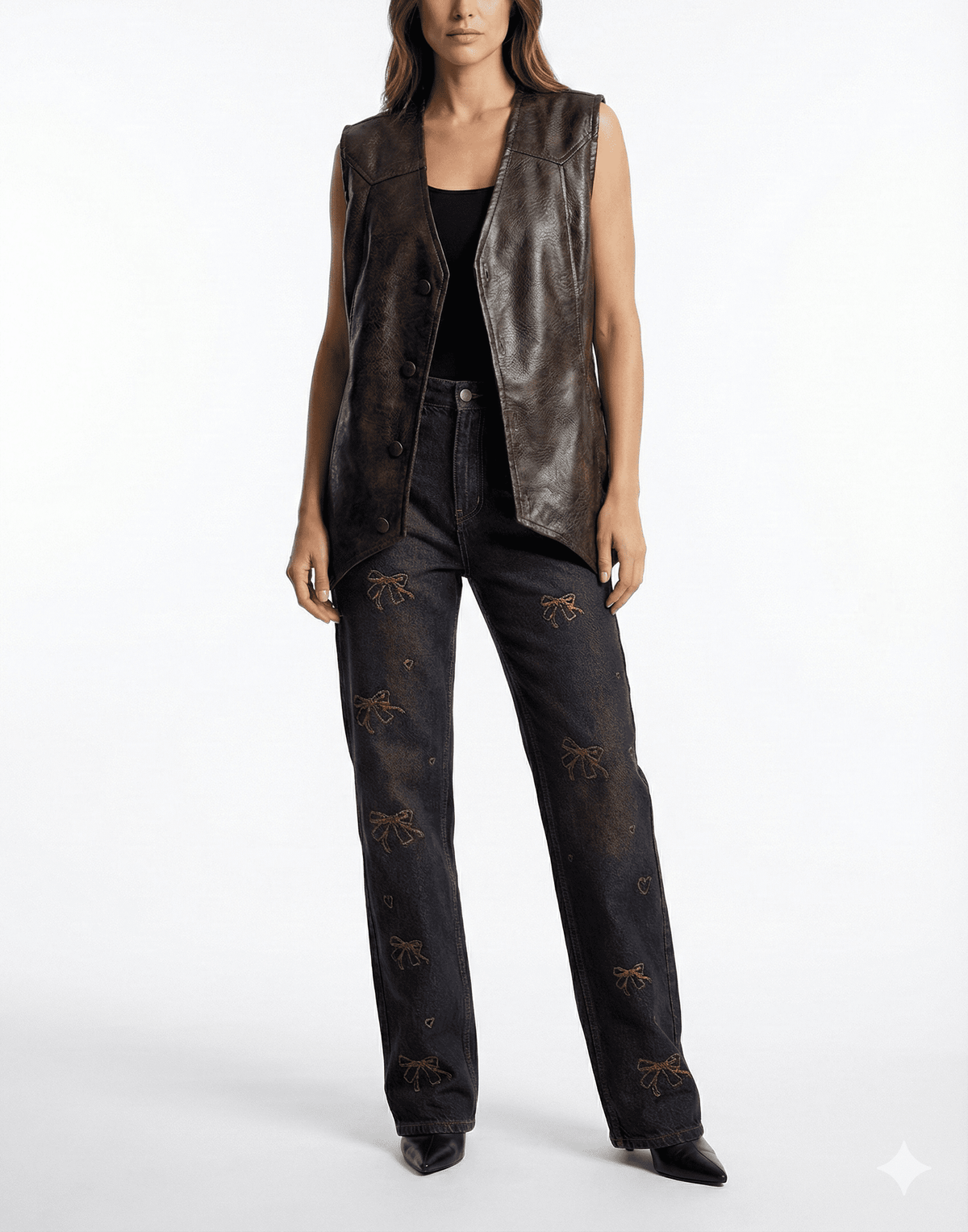 Dark Brown Distressed Leather Button Vest - size M
