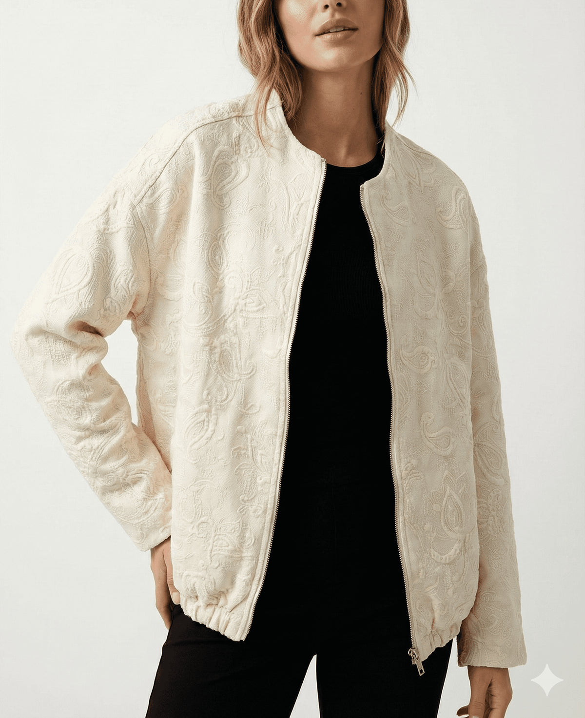 Cream Embroidered Bomber Jacket - size M