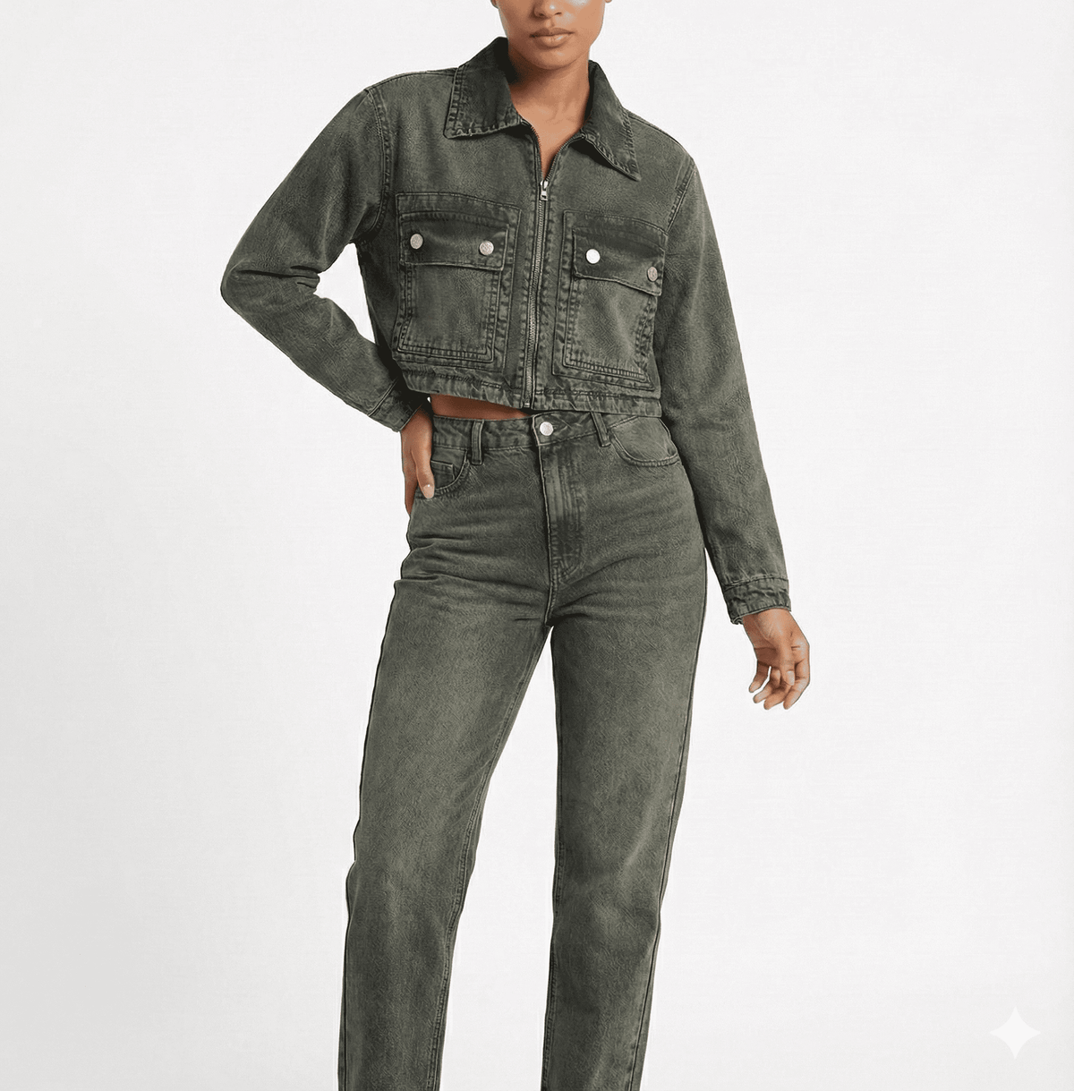 Washed Olive Cropped Denim Jacket - size M