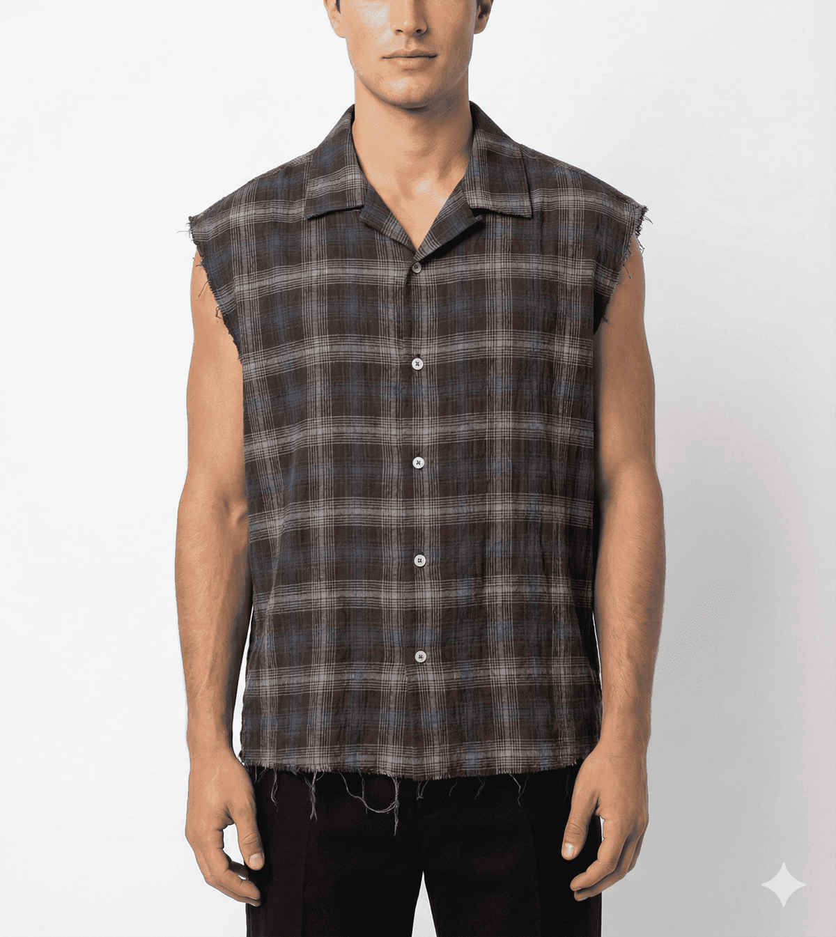 Brown Checkered Raw-Hem Short Sleeve Shirt - size M