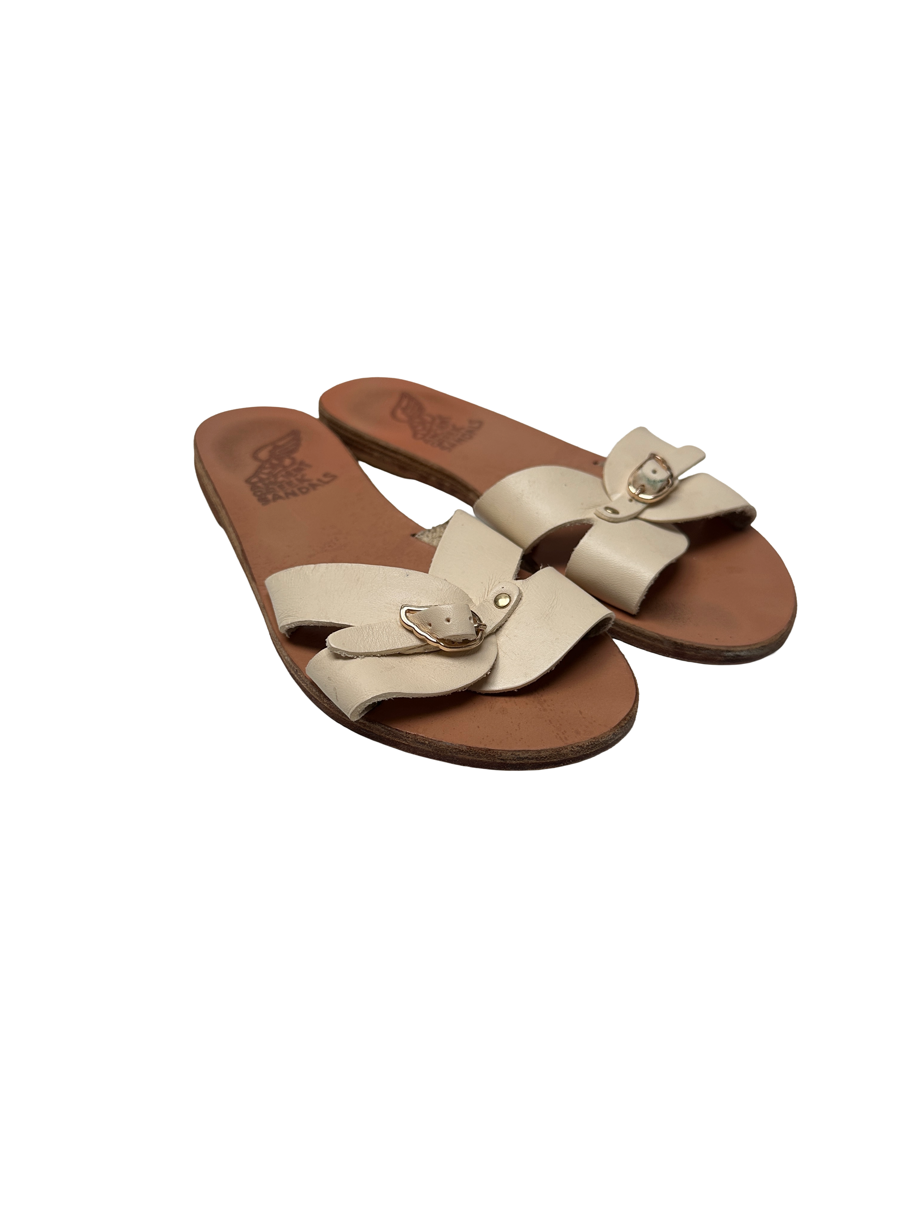 Ancient Greek Sandals beige leather buckle slides - size 38