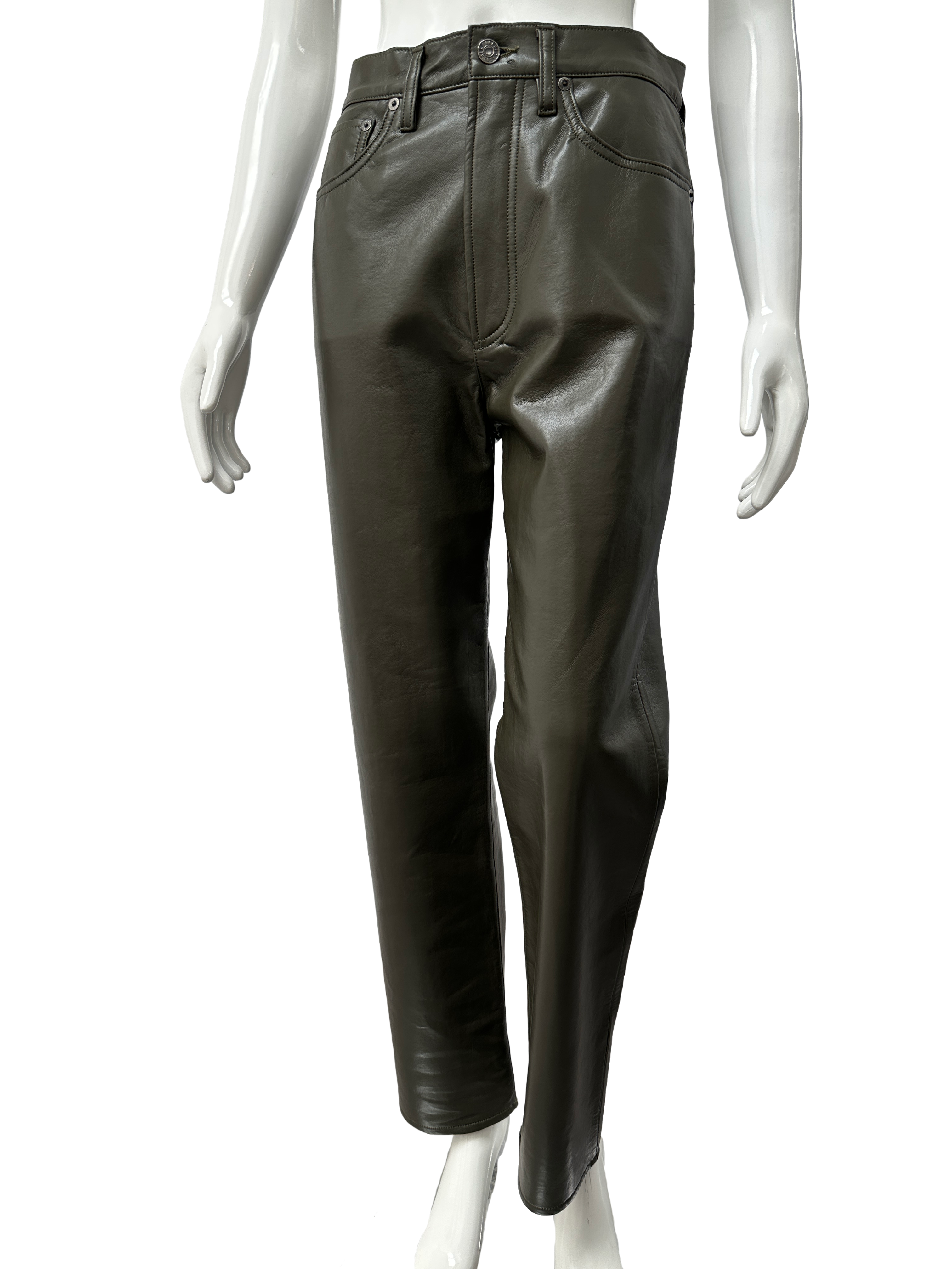 Agolde 90' pinch waist olive leather straight-leg pants - size 27
