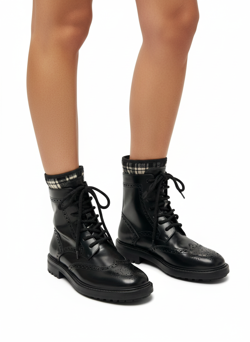 Dior black brogue combat boots with tartan ankle detail - size 36
