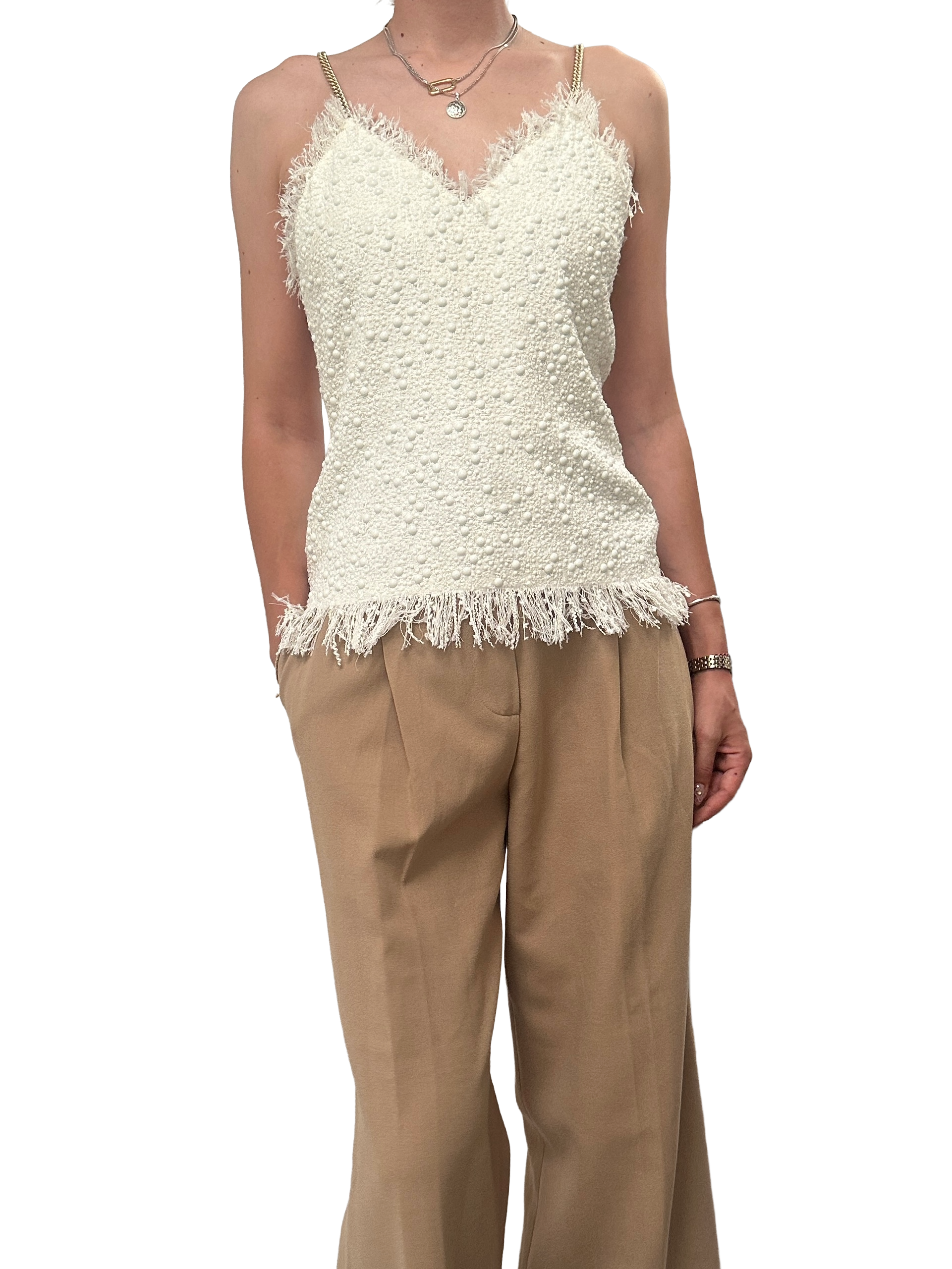 Balmain white tweed pearl-embellishes top - size 36