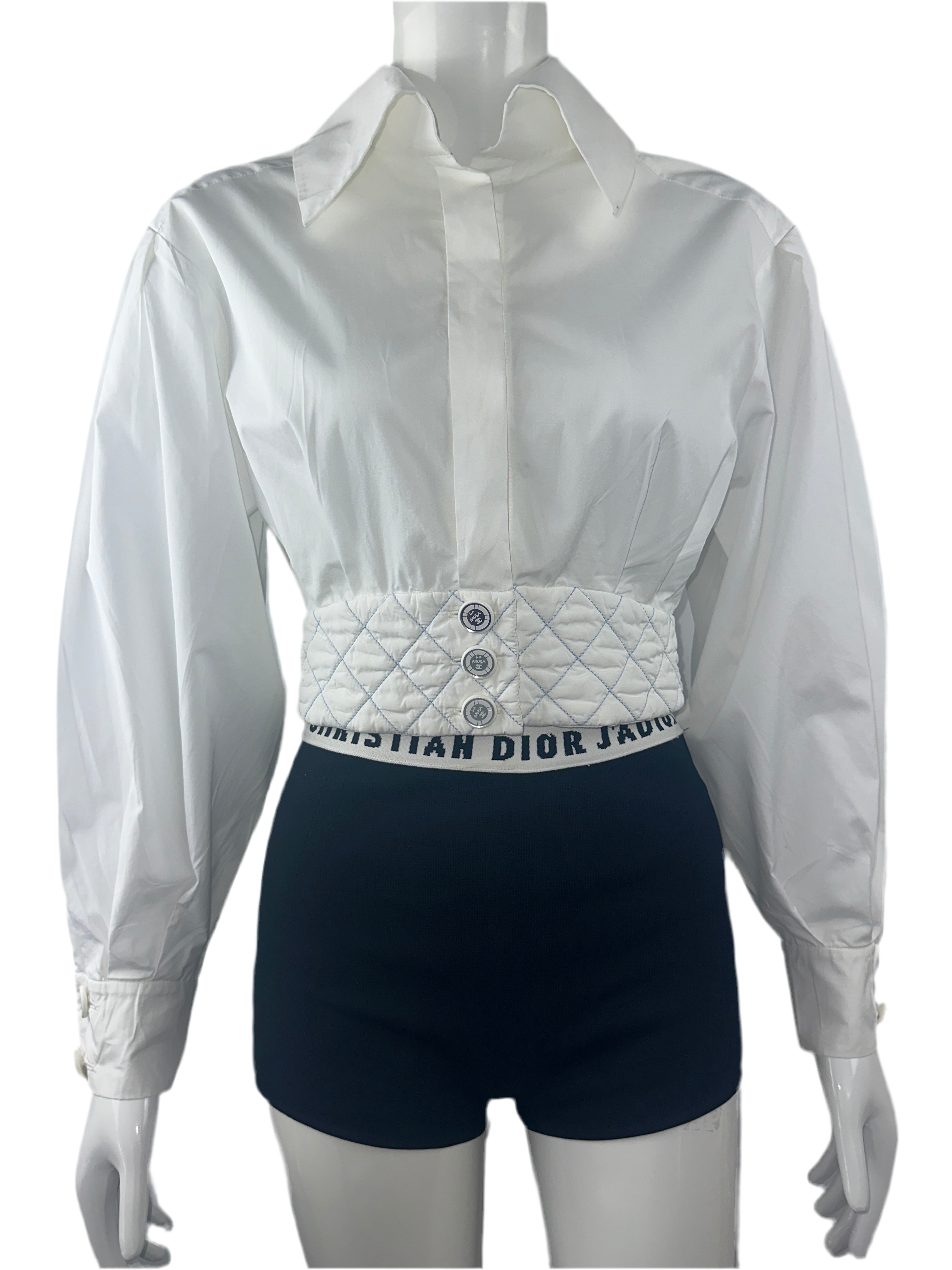 Chanel white blouse, puffed sleeves, belted at waist - size 34