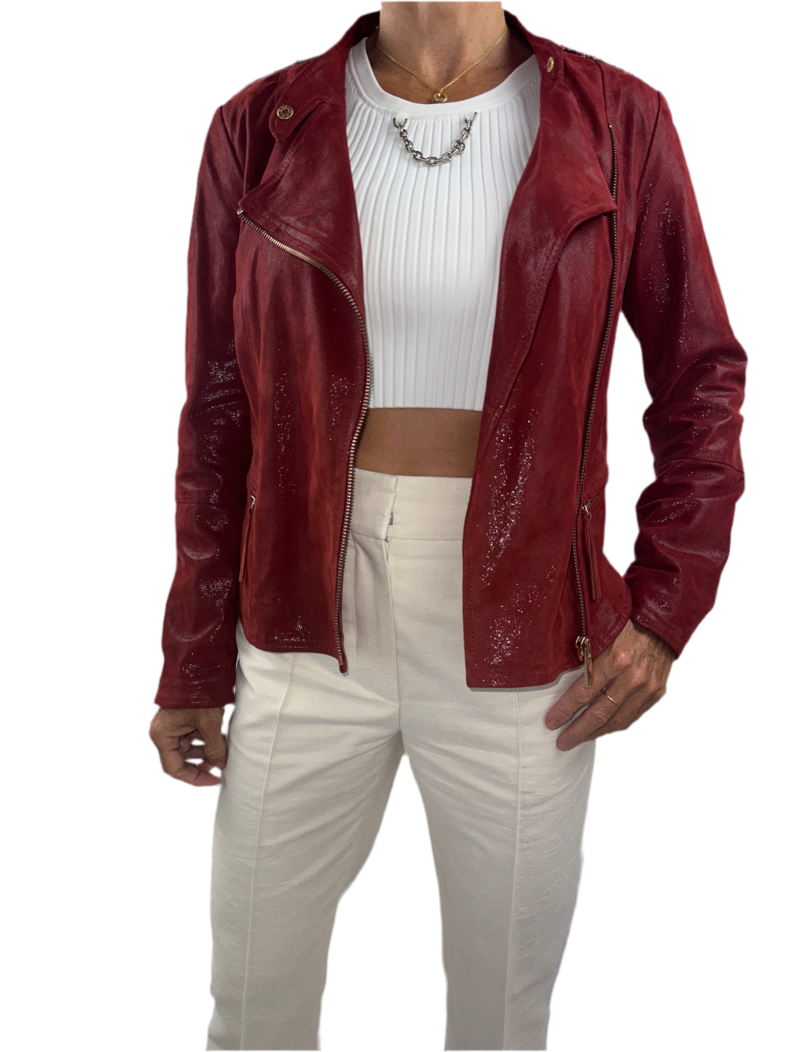 One step shiny red jacket with sequins on shoulders - size 36