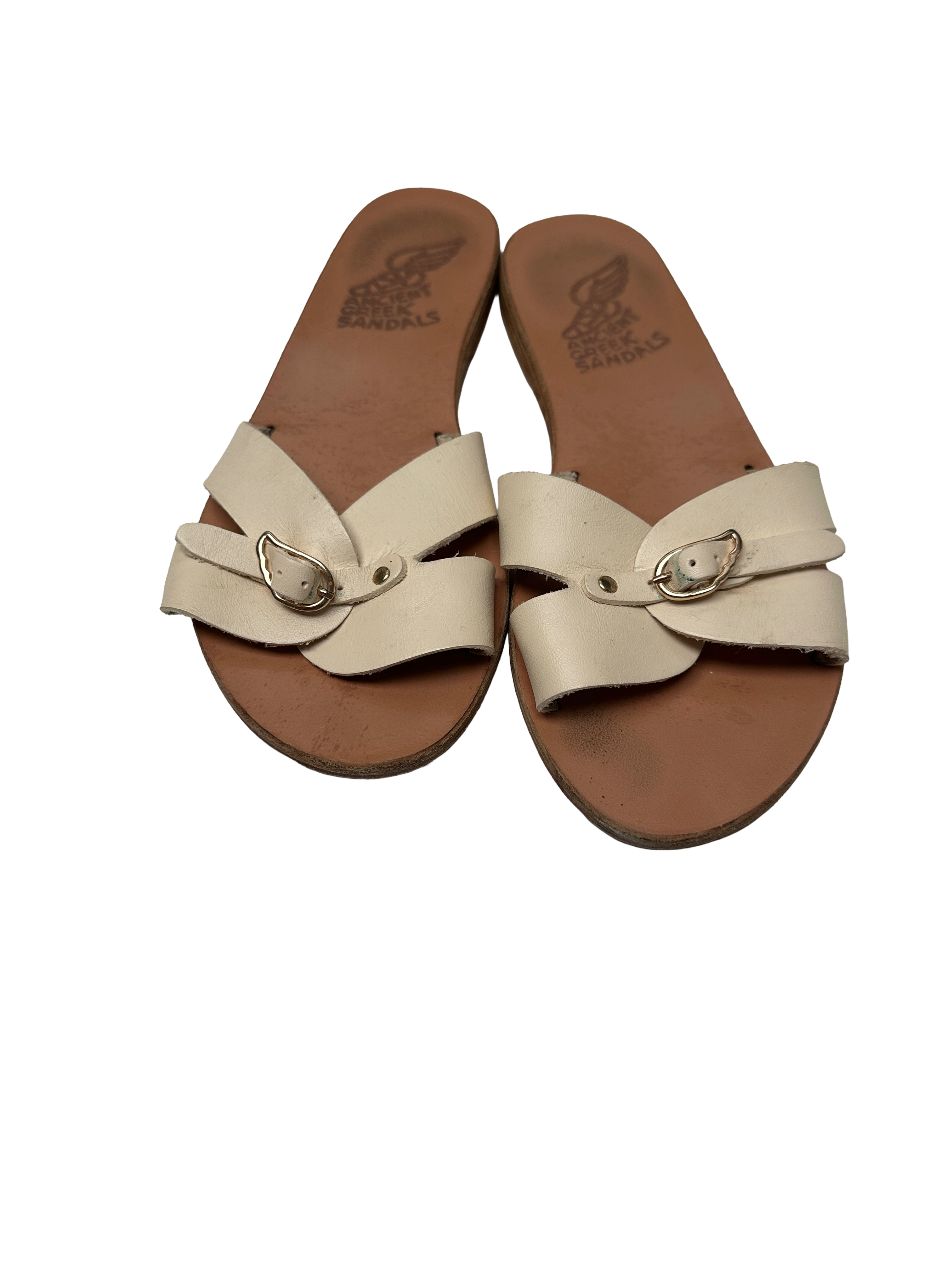 Ancient Greek Sandals beige leather buckle slides - size 38