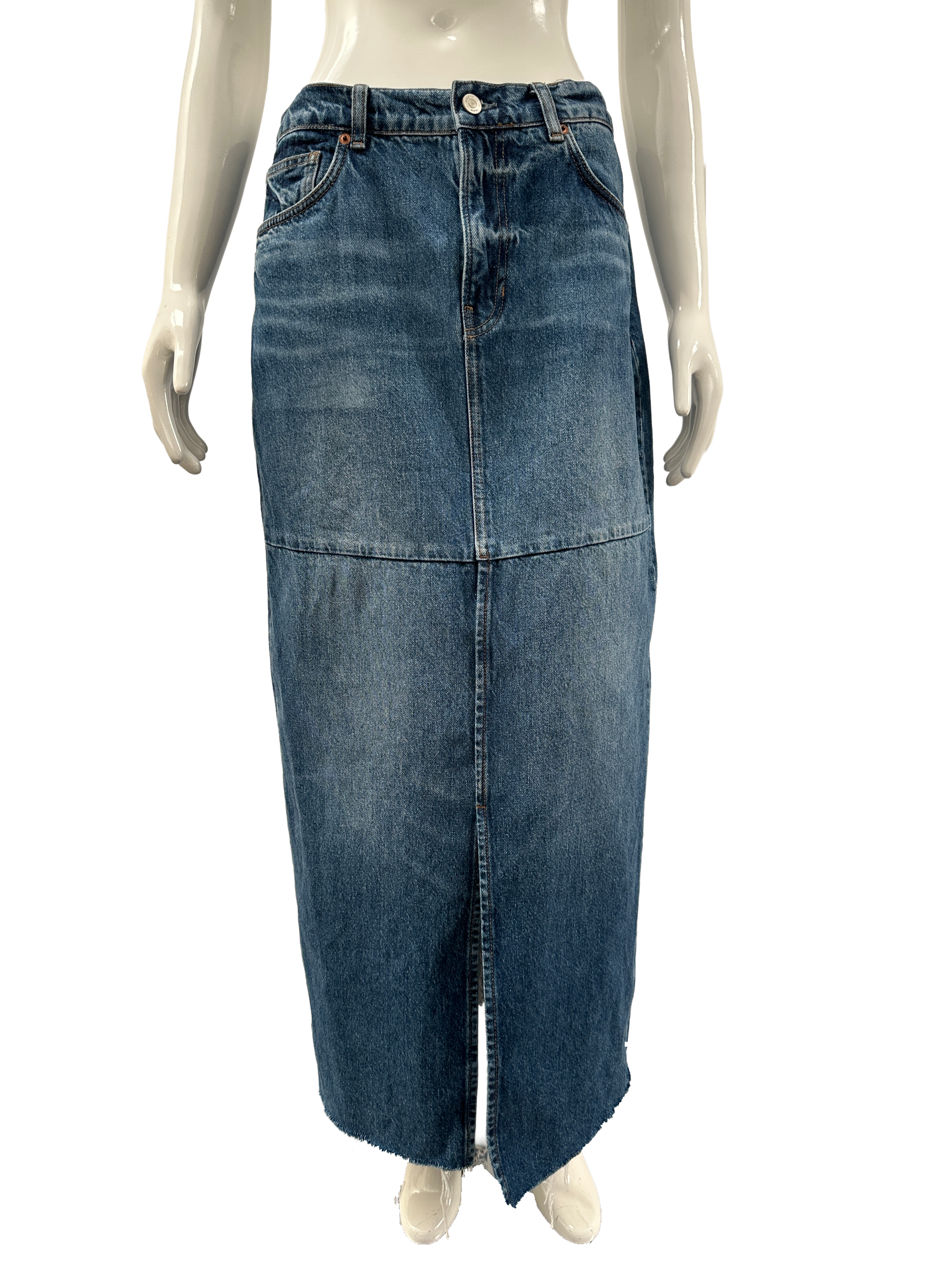 Reformation blue denim midi skirt with front split - size 28