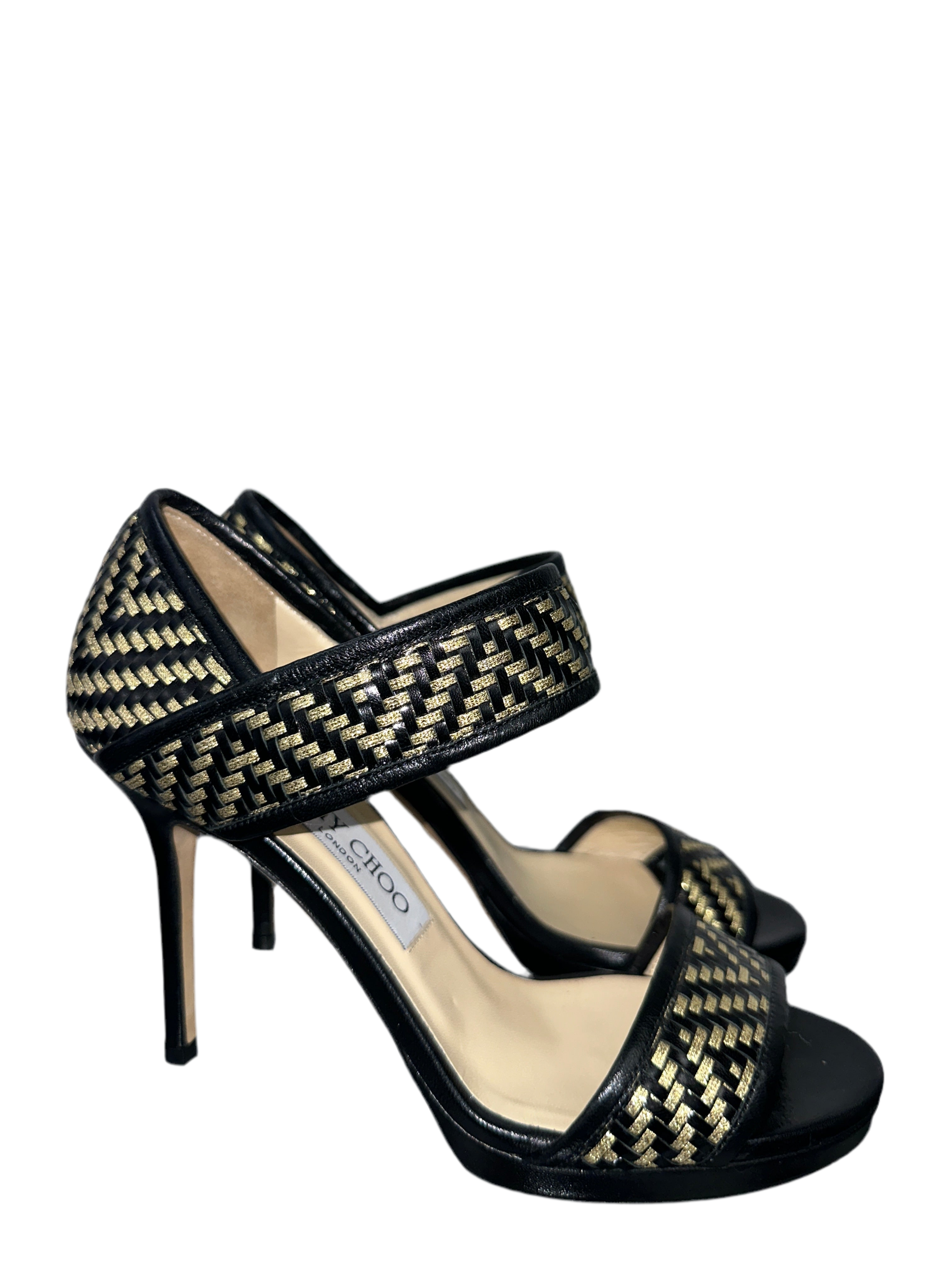 Jimmy Choo Alana metallic woven sandals black & gold - size 36