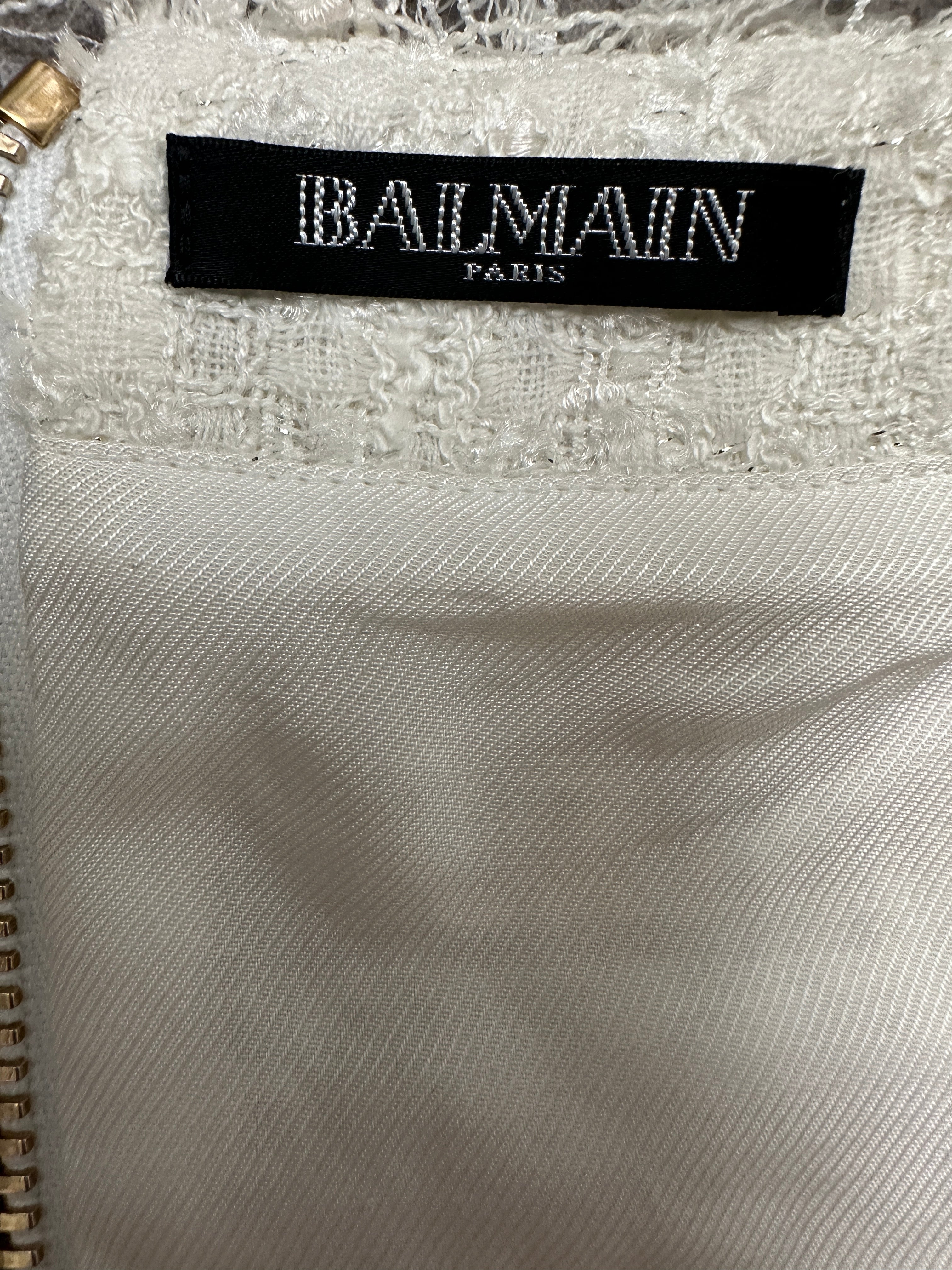 Balmain white tweed pearl-embellishes top - size 36