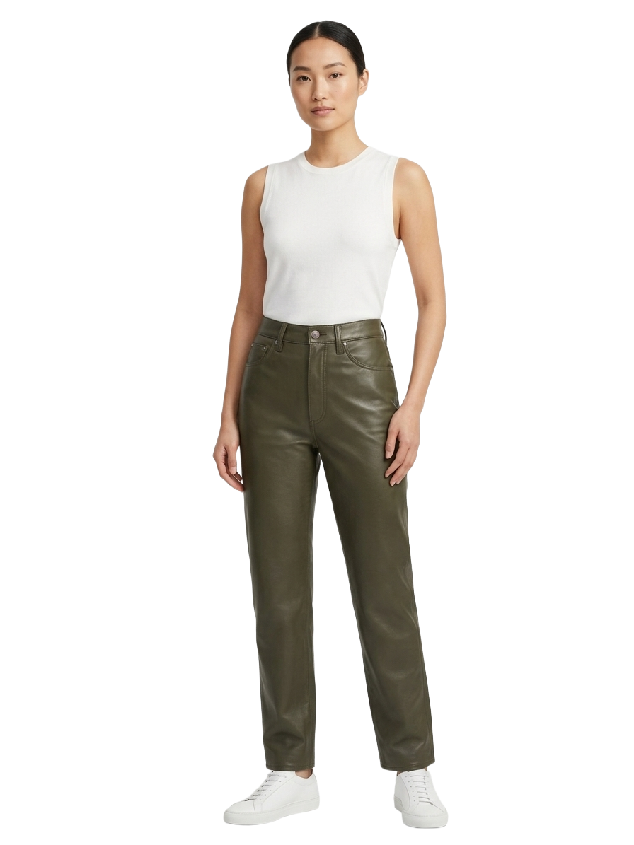 Agolde 90' pinch waist olive leather straight-leg pants - size 27