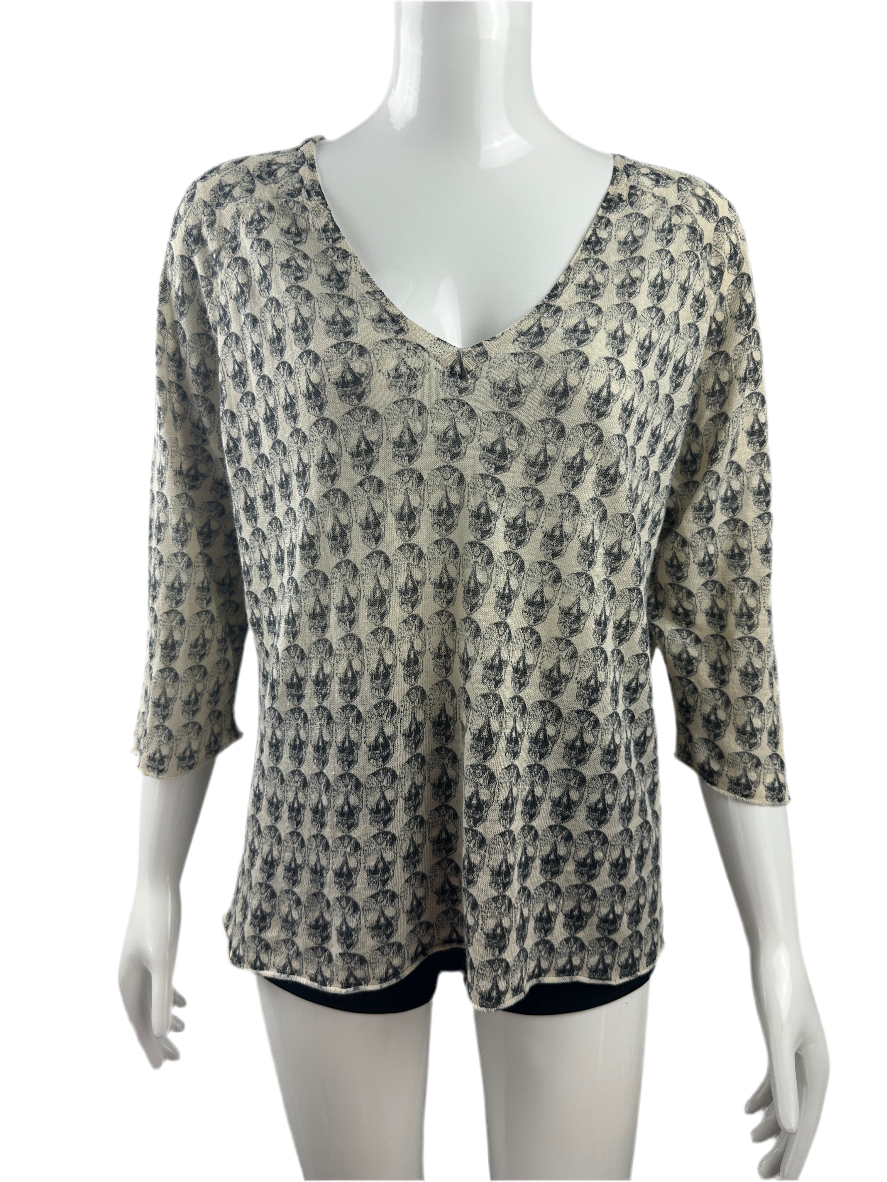 Zadig&Voltaire white 3/4-sleeve top with black skull motif - size 34