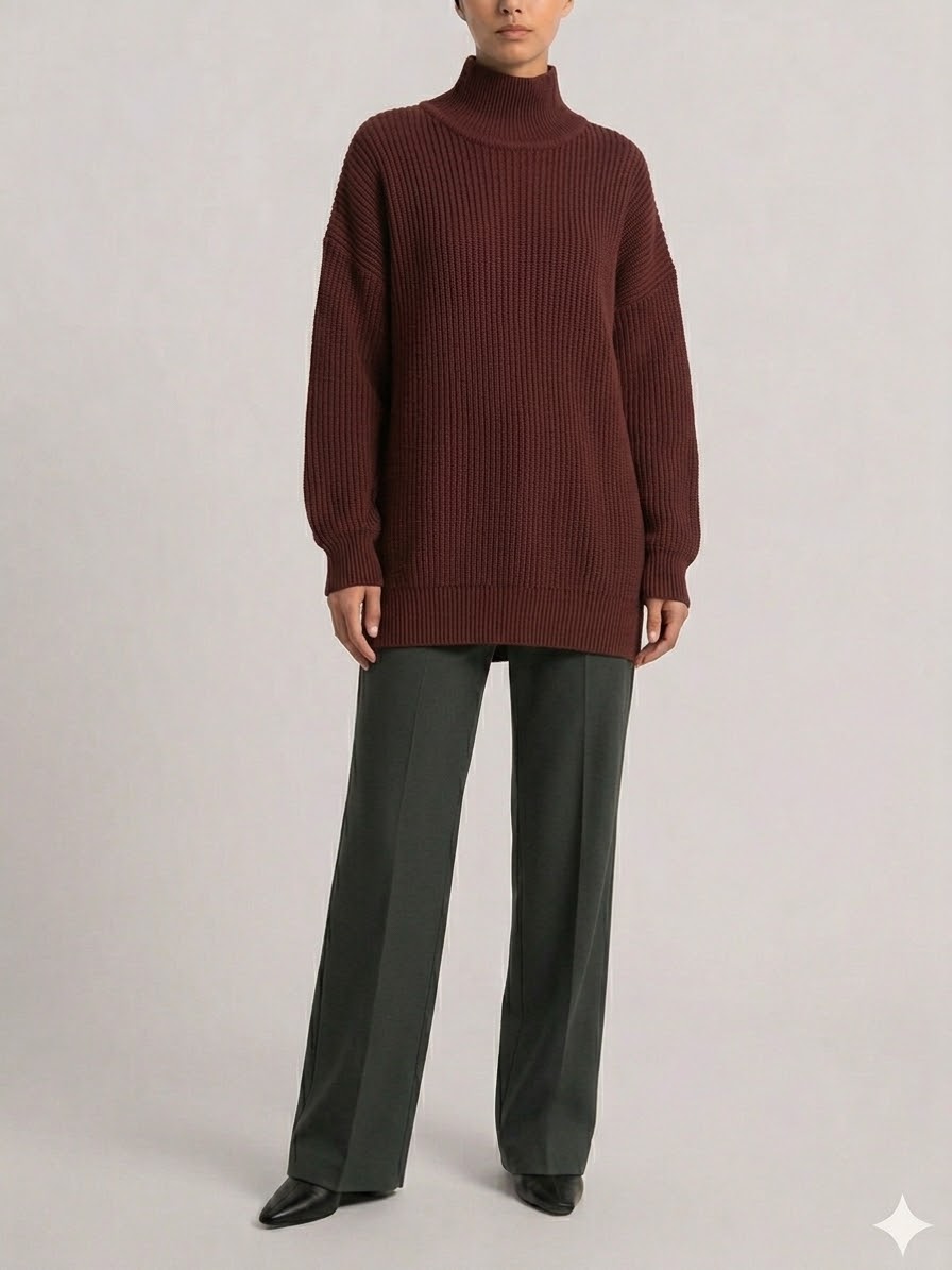 Burgundy Ribbed High-Neck Oversized Sweater - size TU
