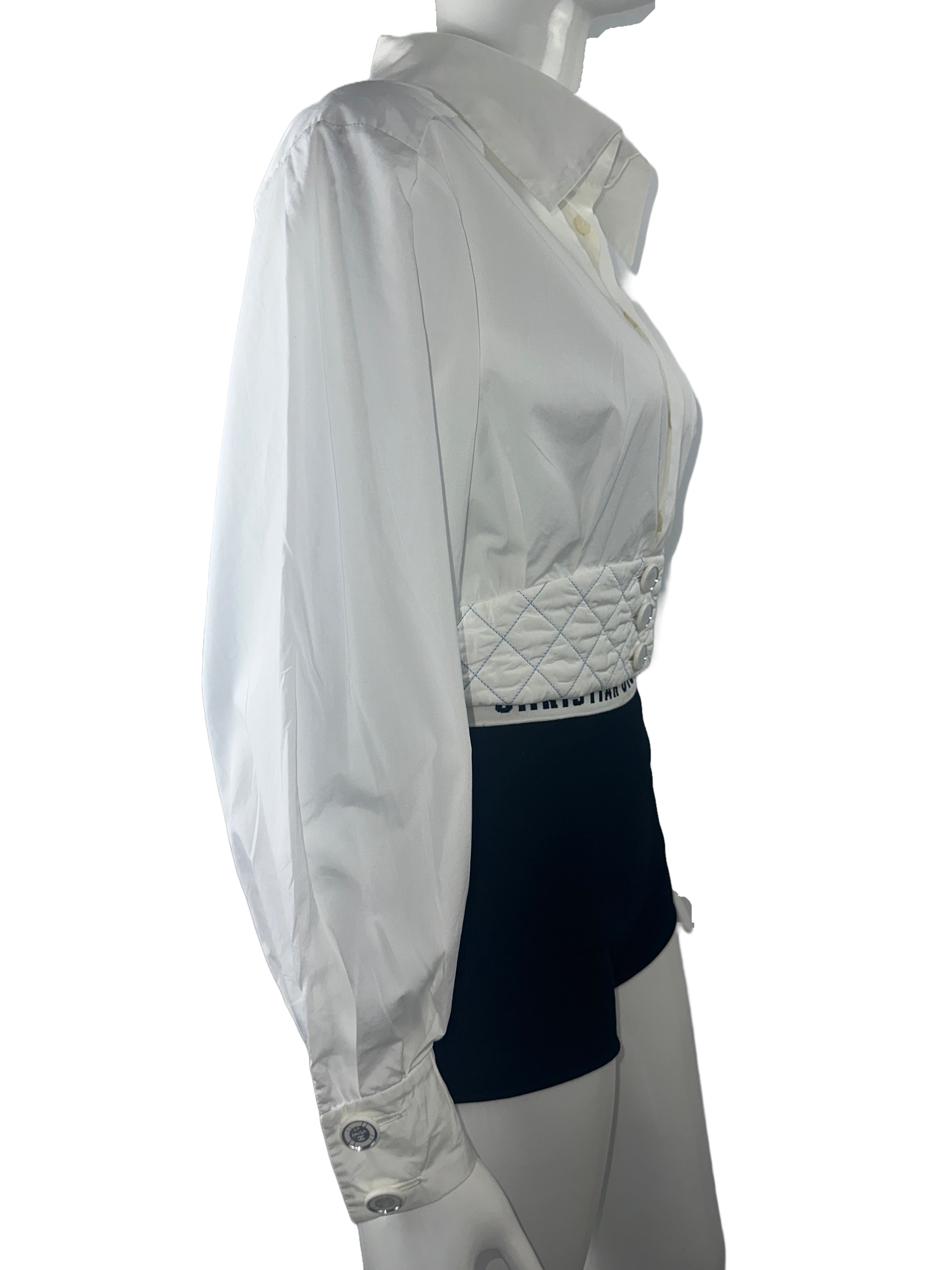 Chanel white blouse, puffed sleeves, belted at waist - size 34