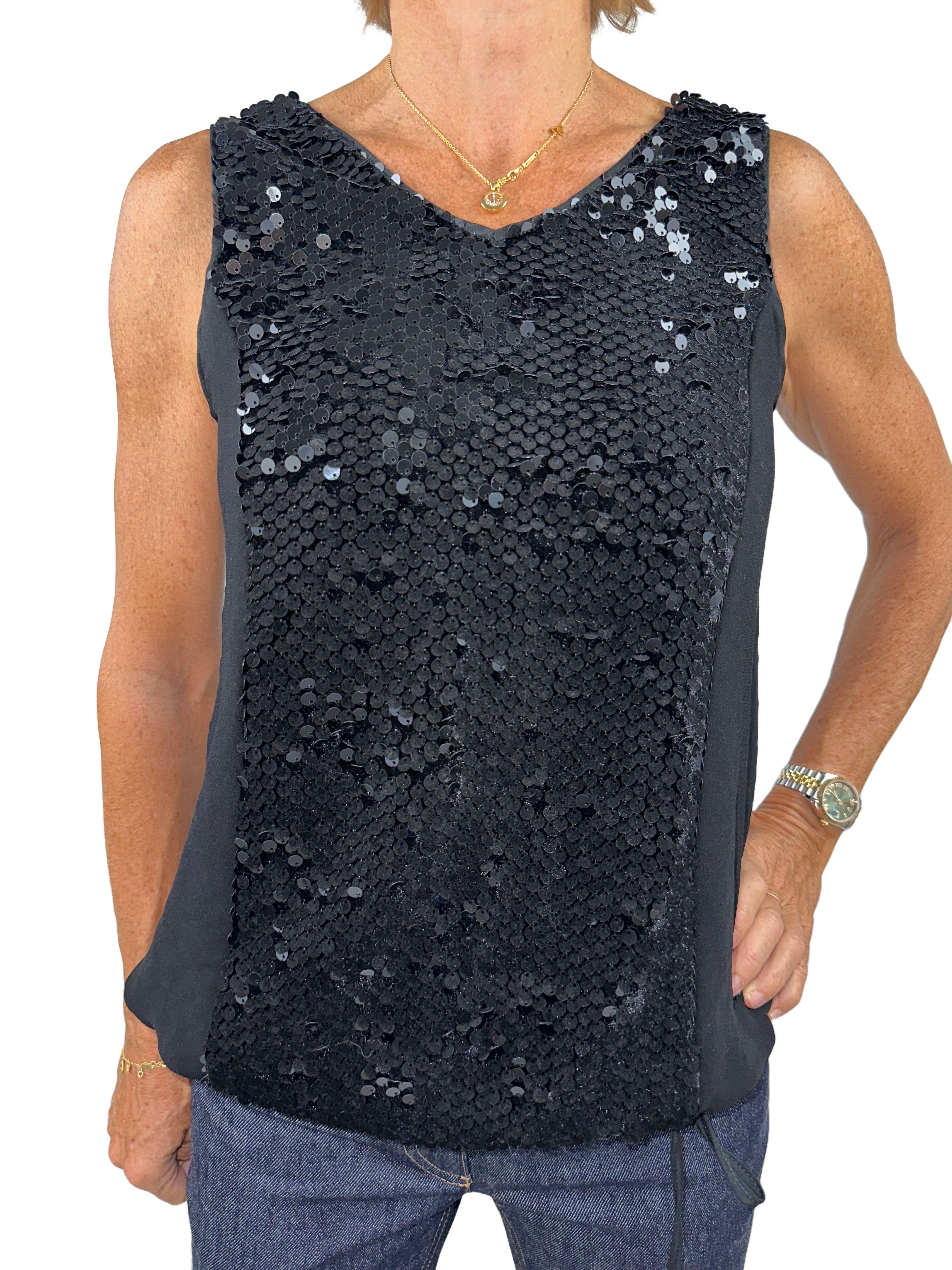Cotélac black sleeveless V-neck top with sequins on front - size 34