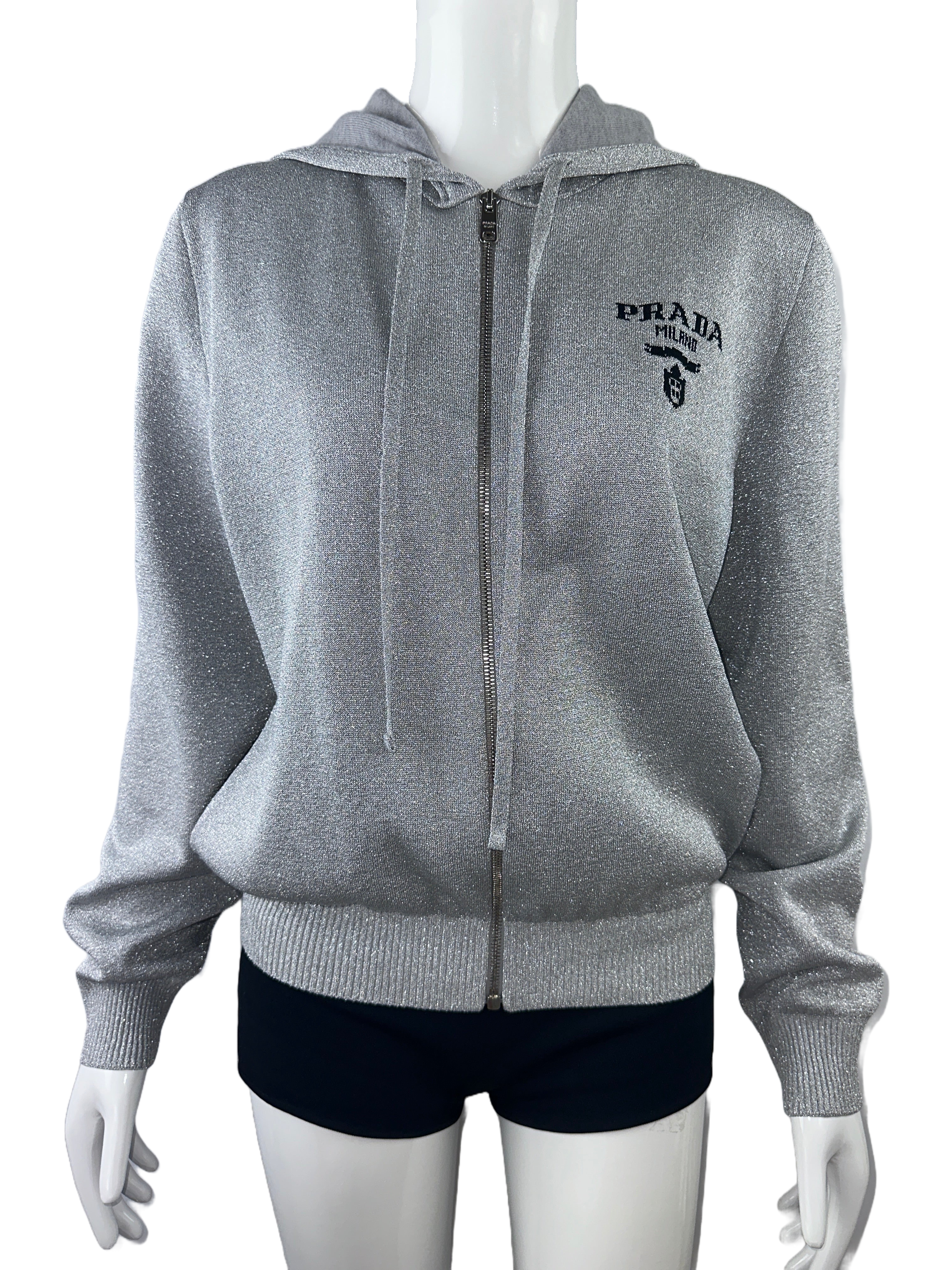 Prada silver hooded zip vest with black logo - size 42